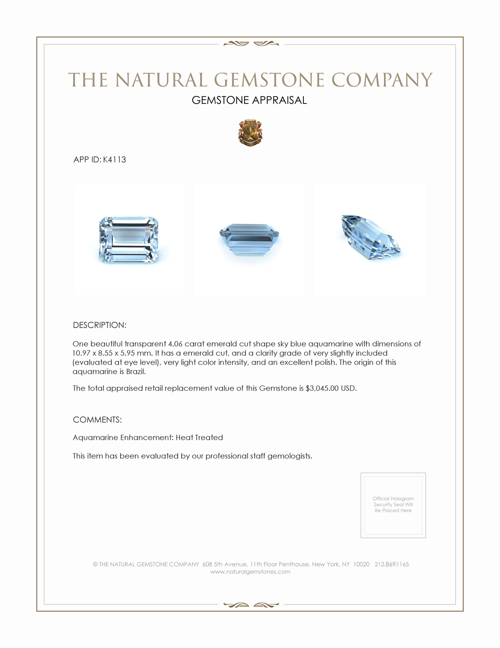 4.06 Ct. Aquamarine from Brazil