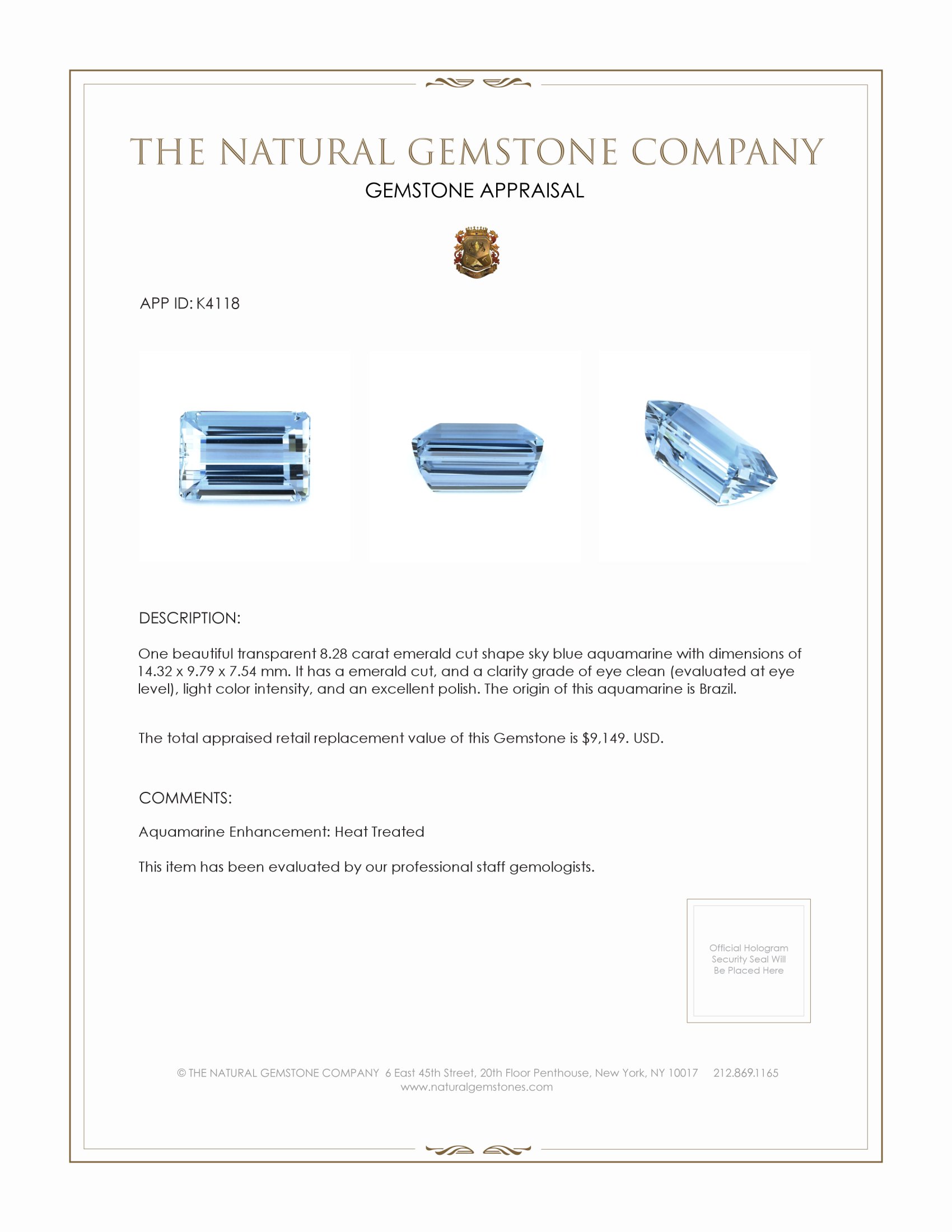 8.28 Ct. Aquamarine from Brazil