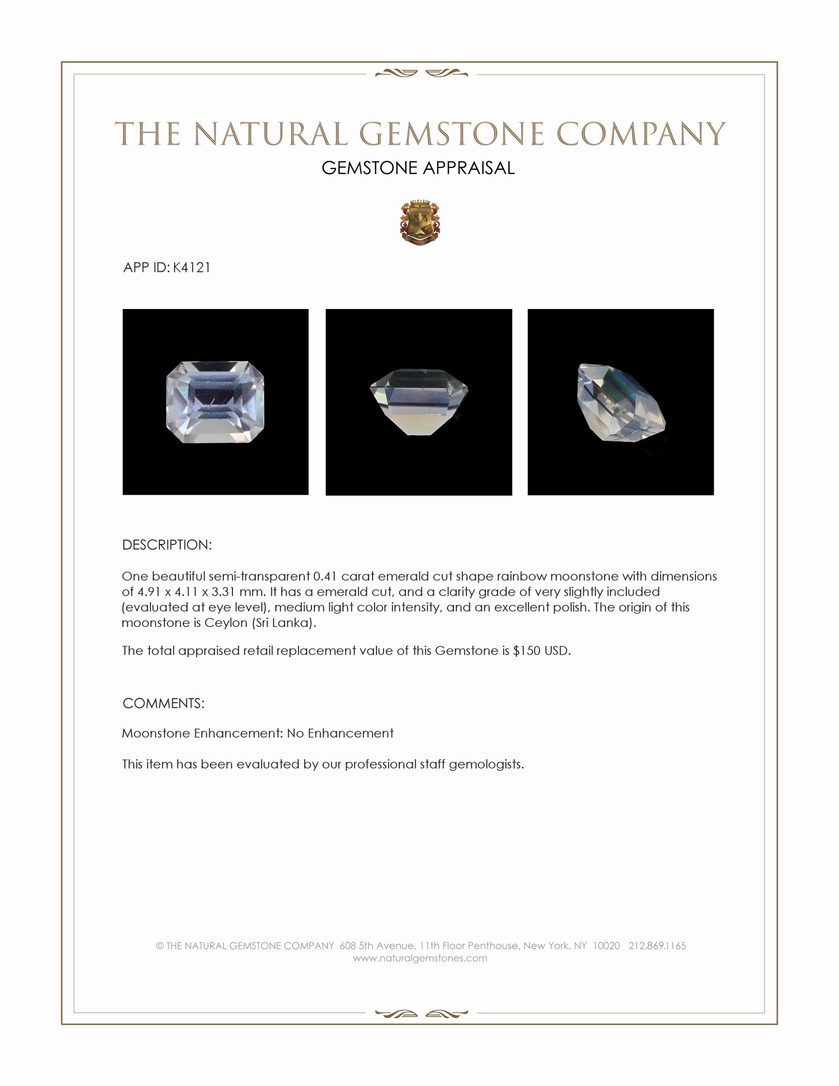 0.41 Ct. Moonstone from Ceylon (Sri Lanka)