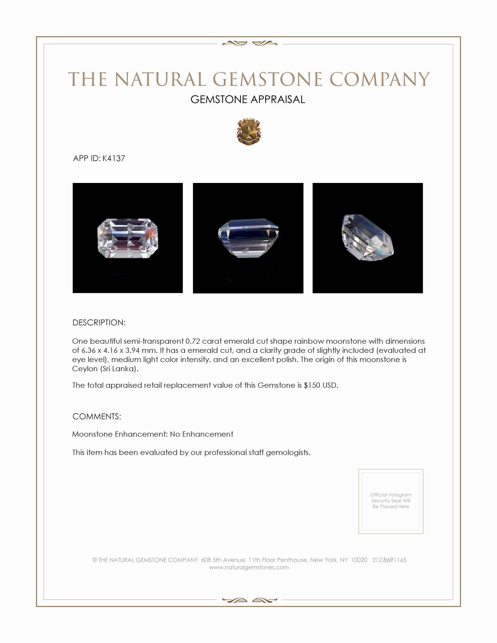 0.72 Ct. Moonstone from Ceylon (Sri Lanka)