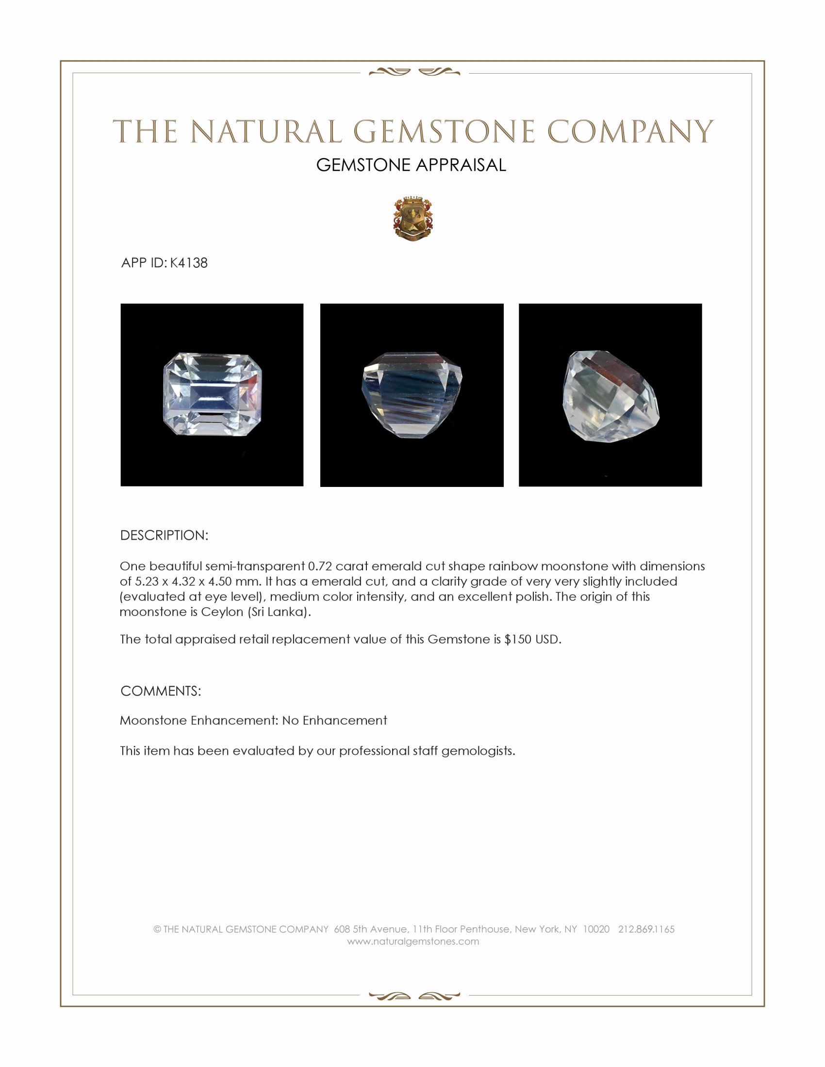 0.72 Ct. Moonstone from Ceylon (Sri Lanka)