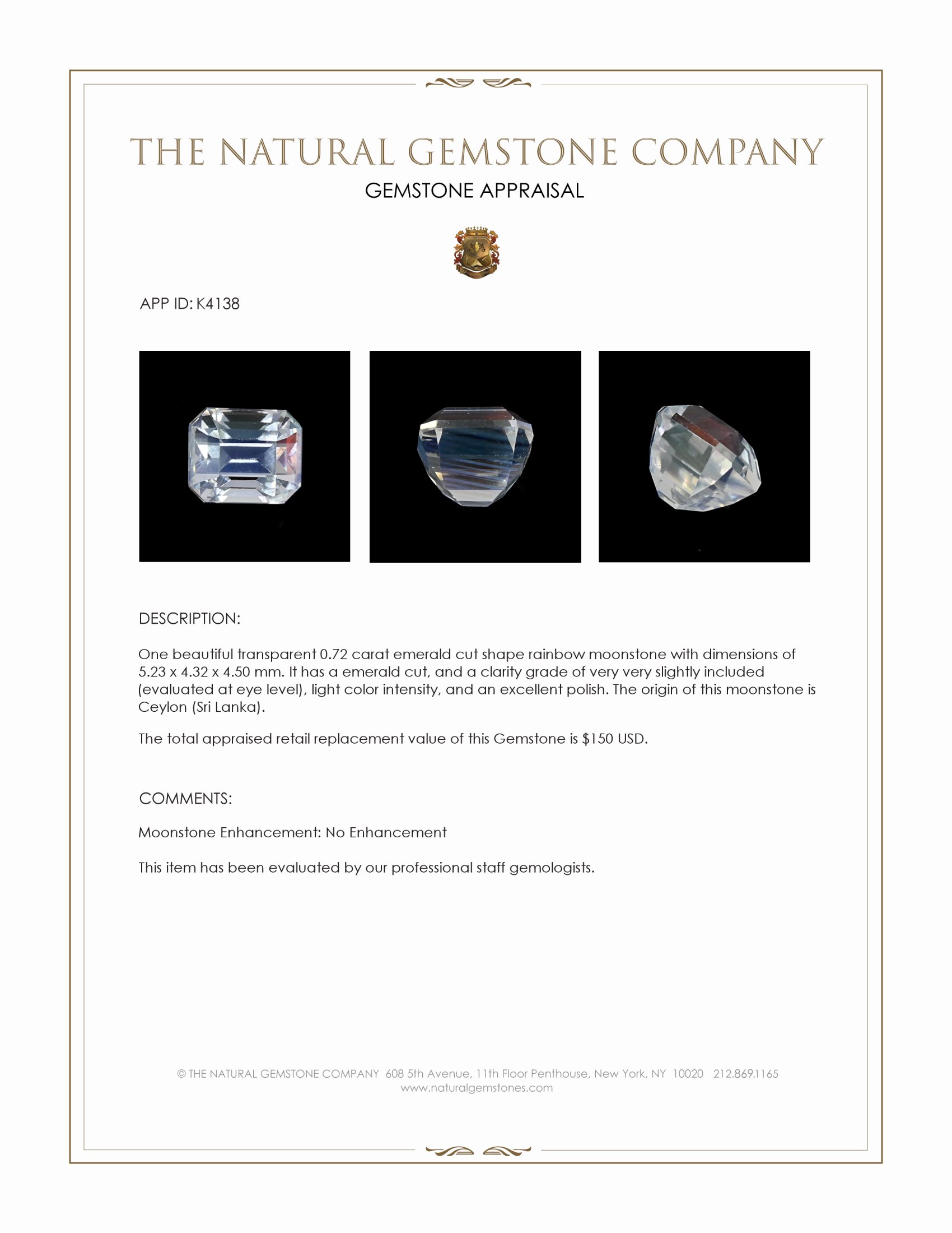 0.72 Ct. Rainbow Moonstone from Ceylon (Sri Lanka)