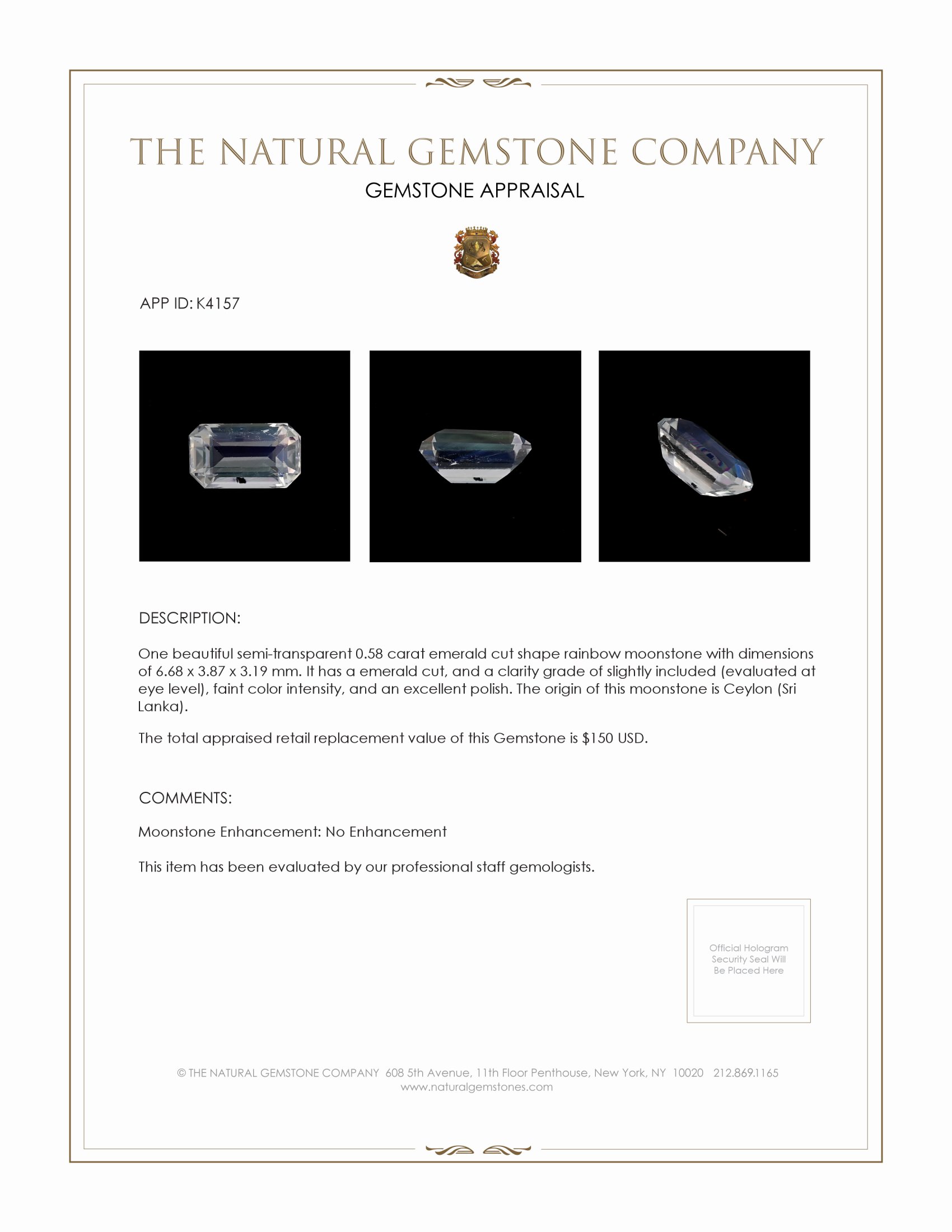 0.58 Ct. Moonstone from Ceylon (Sri Lanka)