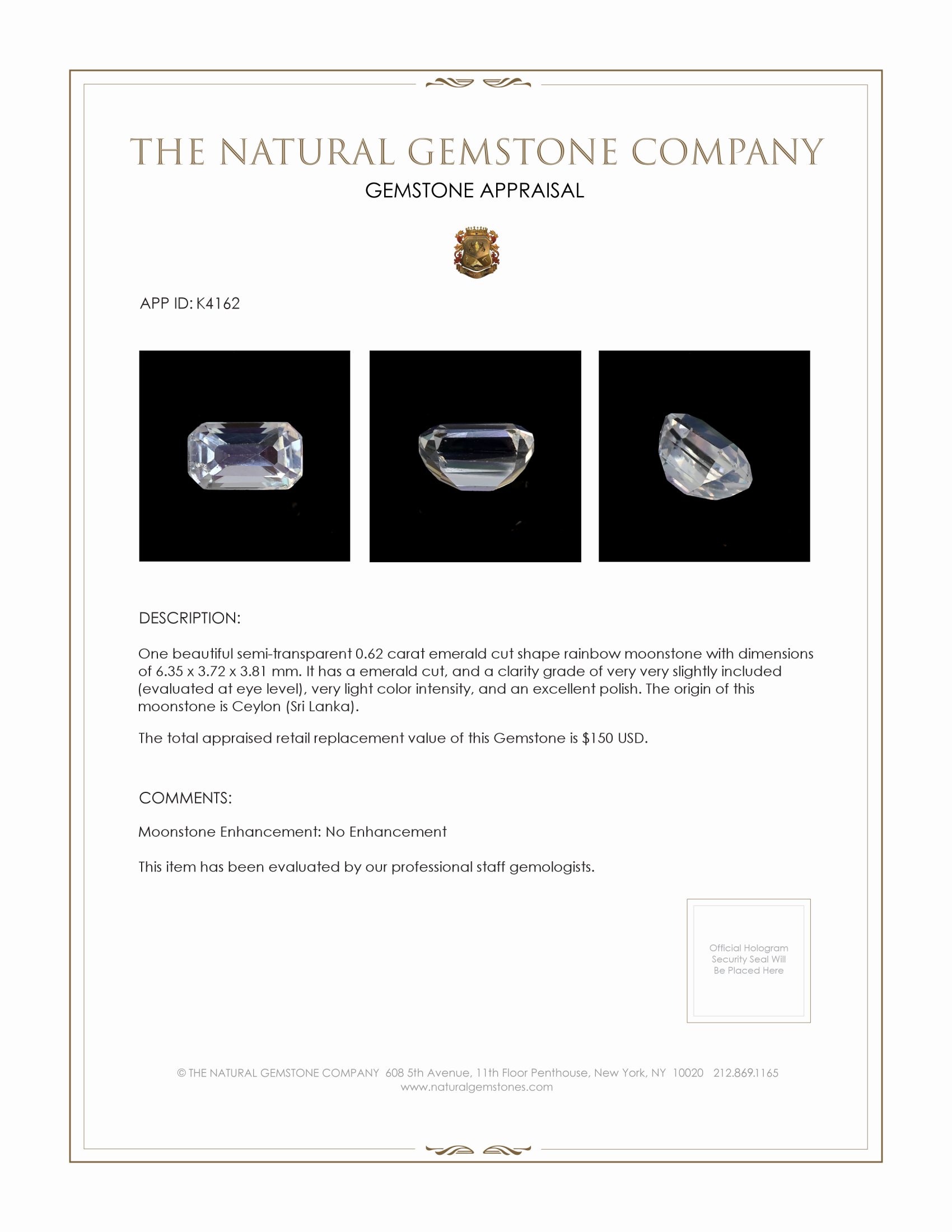 0.62 Ct. Rainbow Moonstone from Ceylon (Sri Lanka)