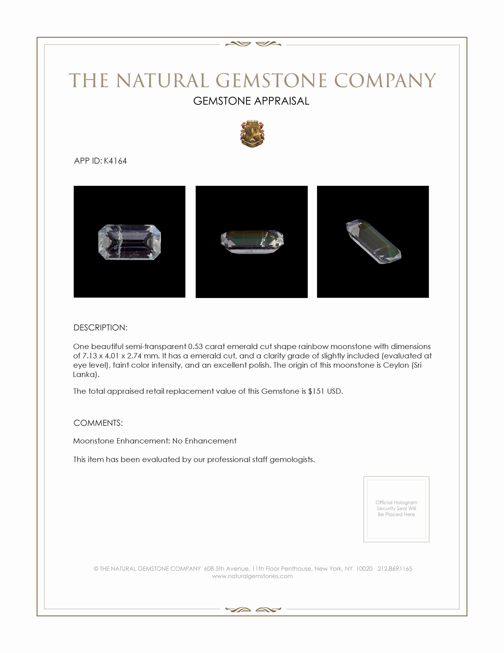 0.53 Ct. Rainbow Moonstone from Ceylon (Sri Lanka)