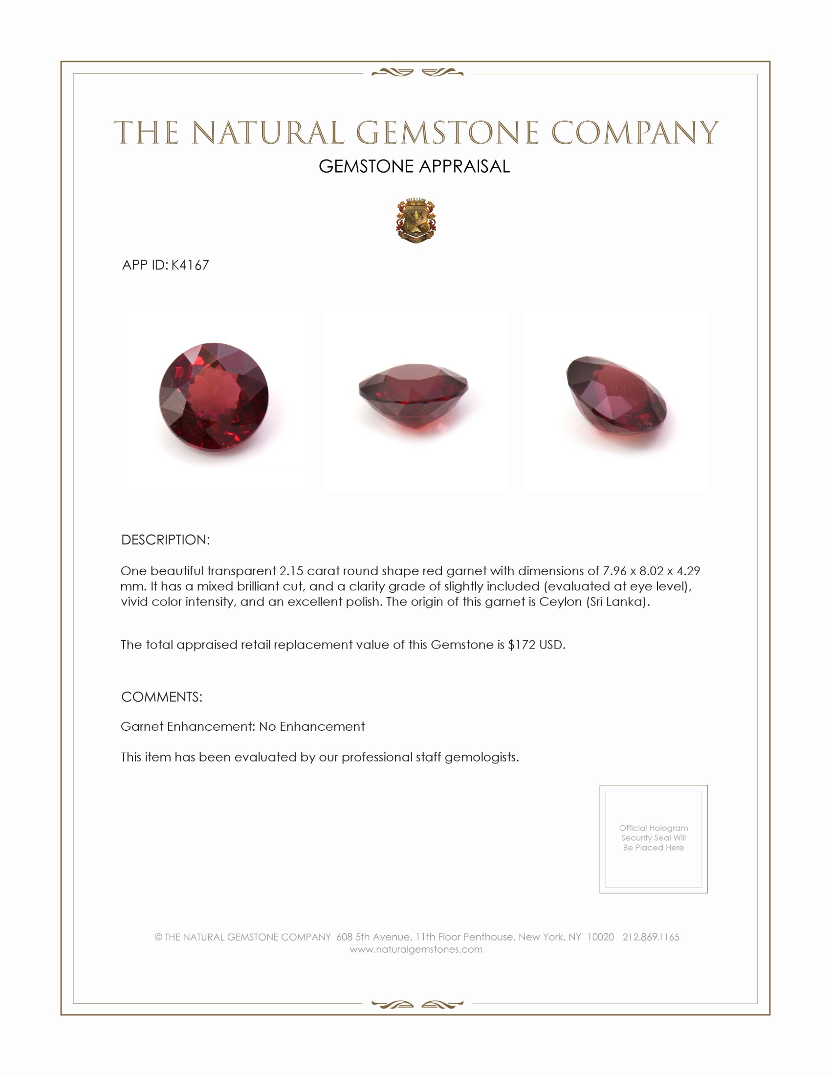 2.15 Ct. Garnet from Ceylon (Sri Lanka)