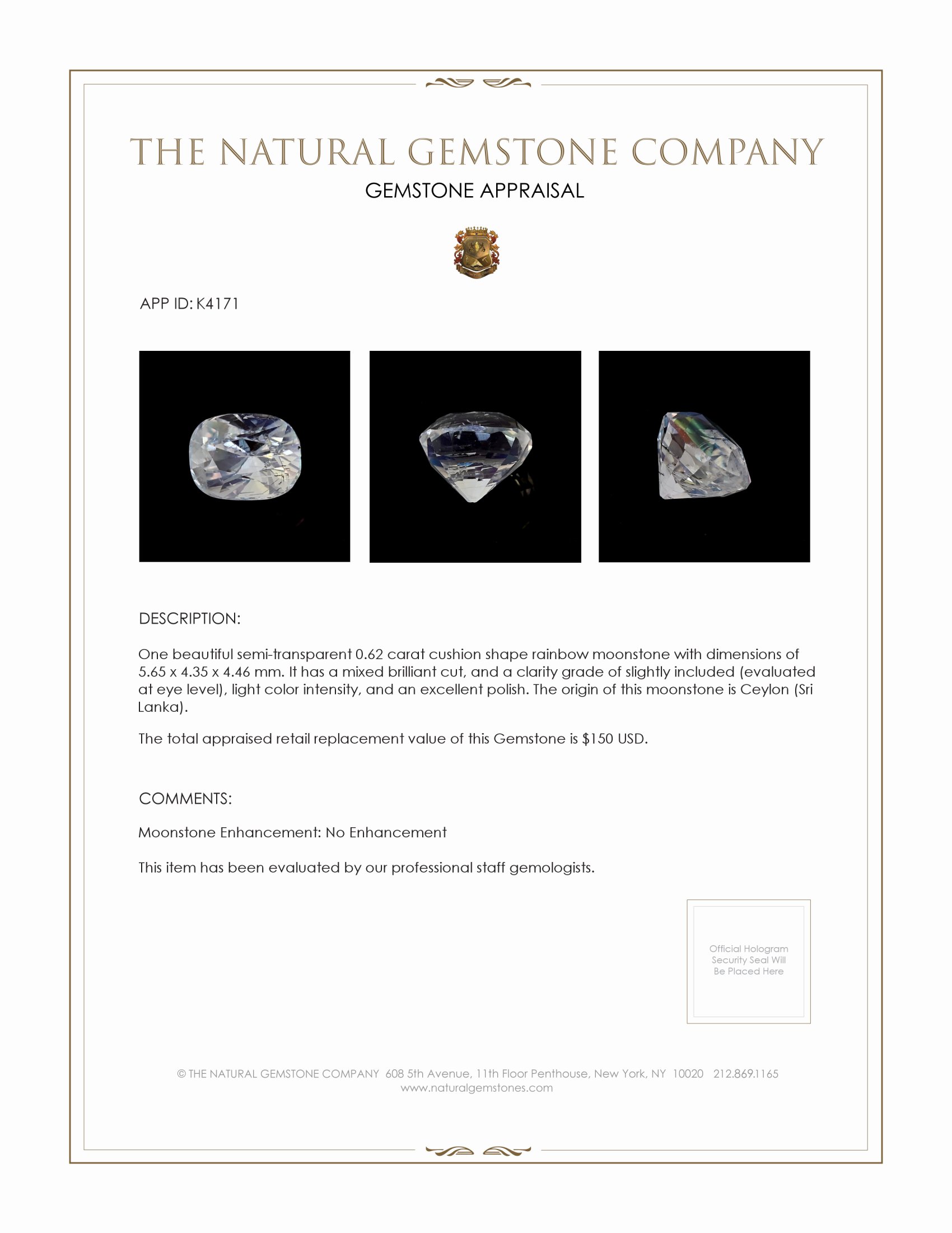 0.62 Ct. Moonstone from Ceylon (Sri Lanka)