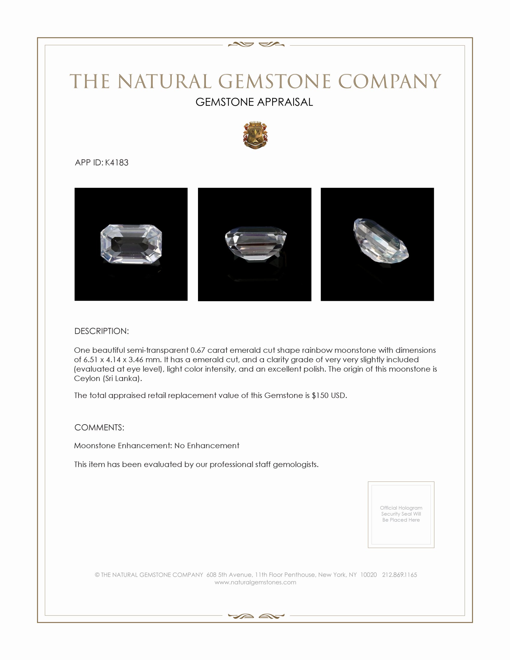 0.67 Ct. Rainbow Moonstone from Ceylon (Sri Lanka)