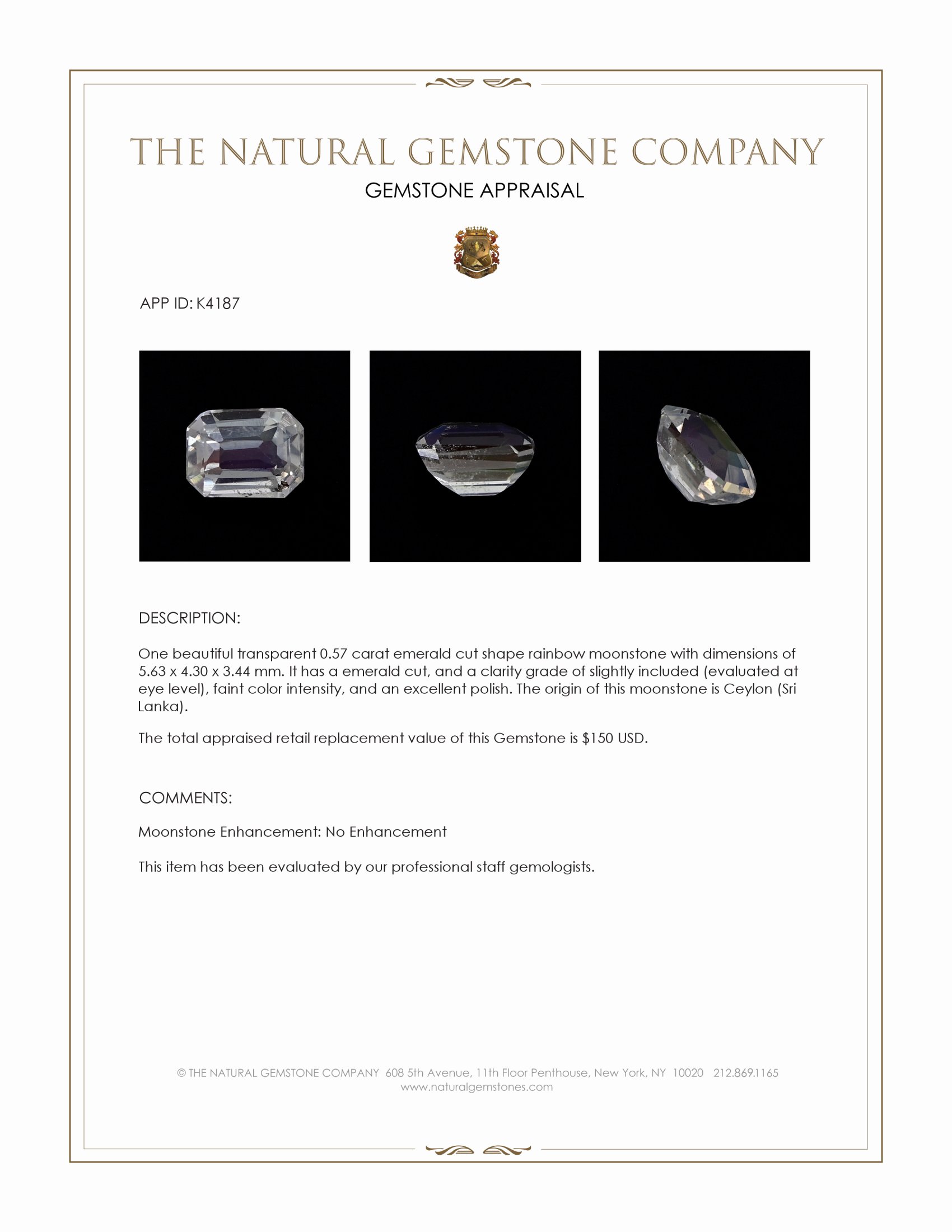 0.57 Ct. Rainbow Moonstone from Ceylon (Sri Lanka)