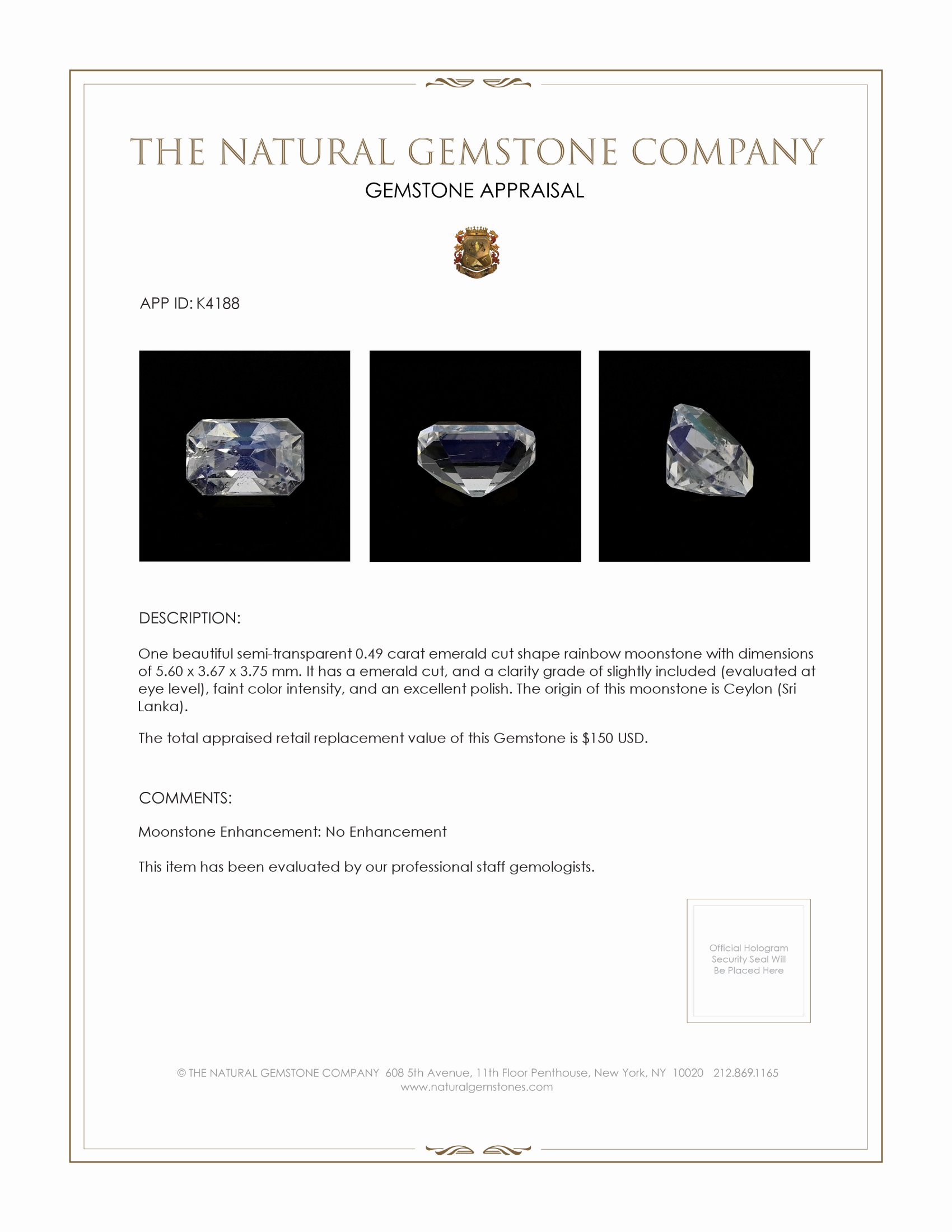 0.49 Ct. Moonstone from Ceylon (Sri Lanka)