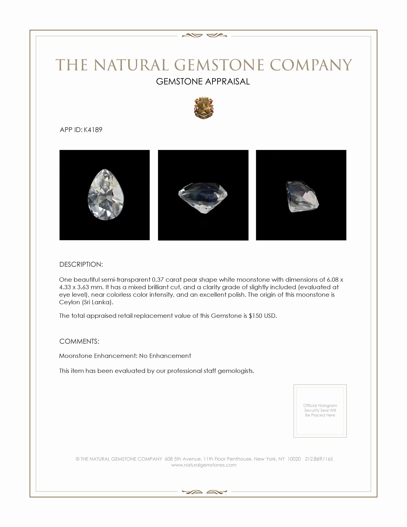 0.37 Ct. White Moonstone from Ceylon (Sri Lanka)