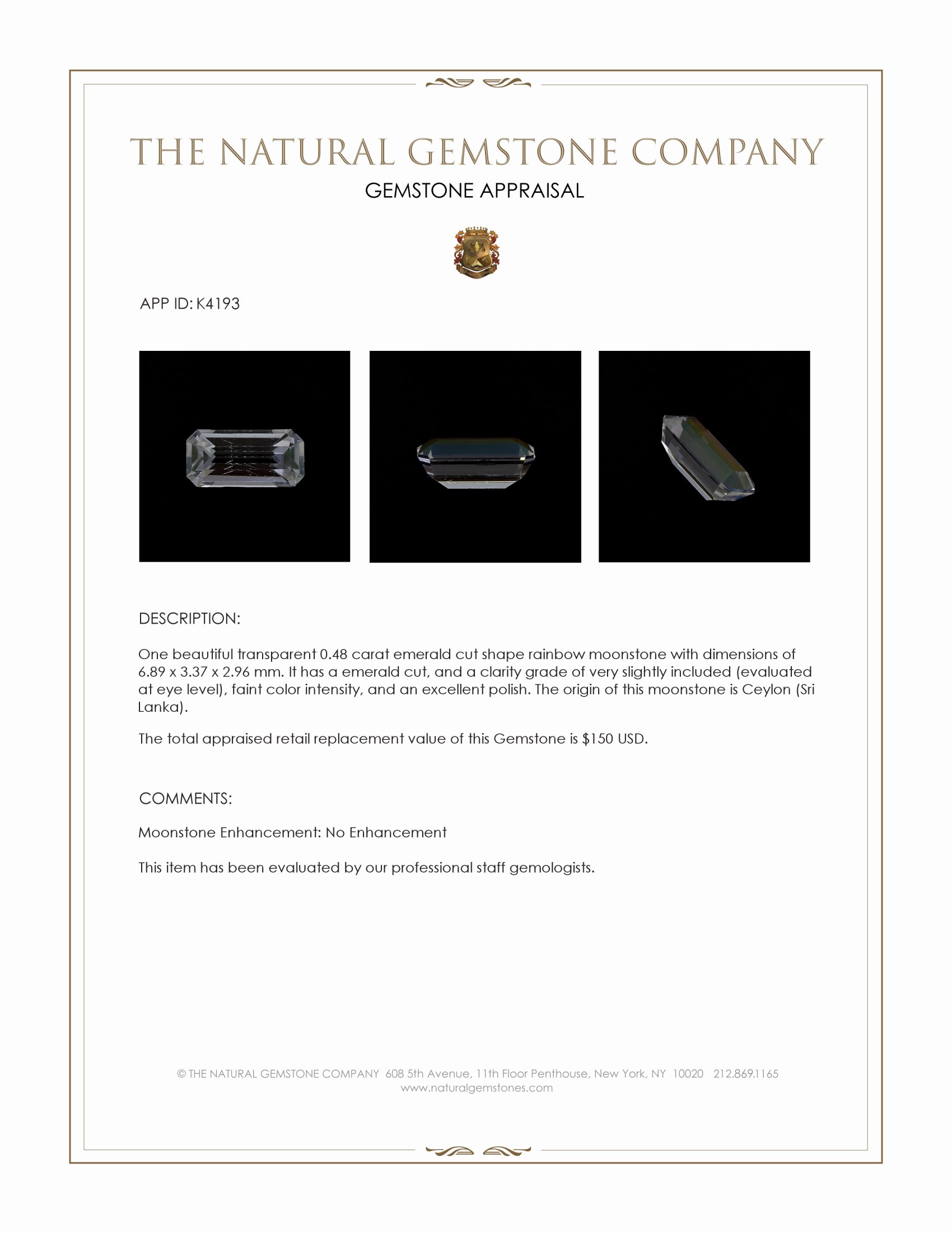 0.48 Ct. Rainbow Moonstone from Ceylon (Sri Lanka)