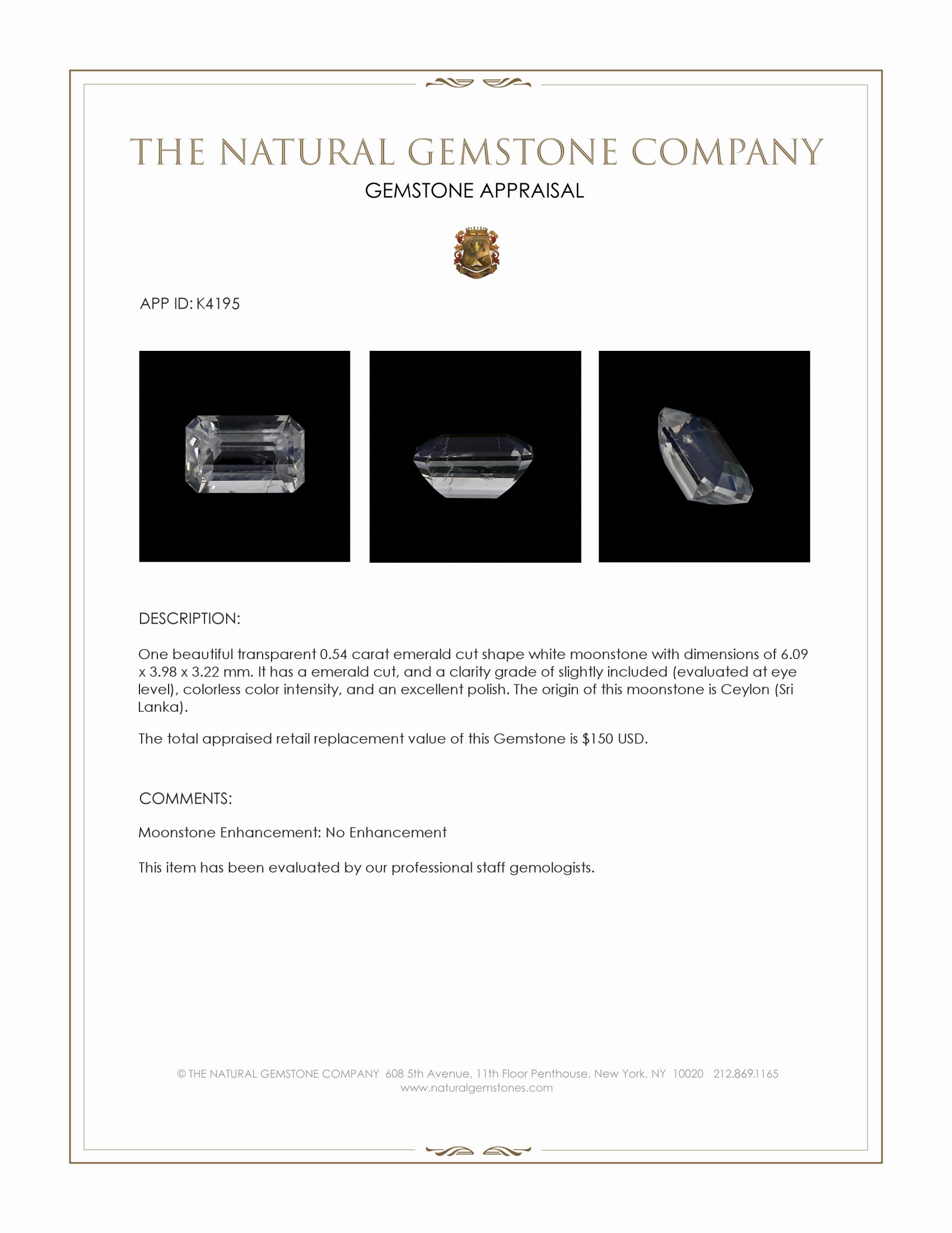 0.54 Ct. White Moonstone from Ceylon (Sri Lanka)