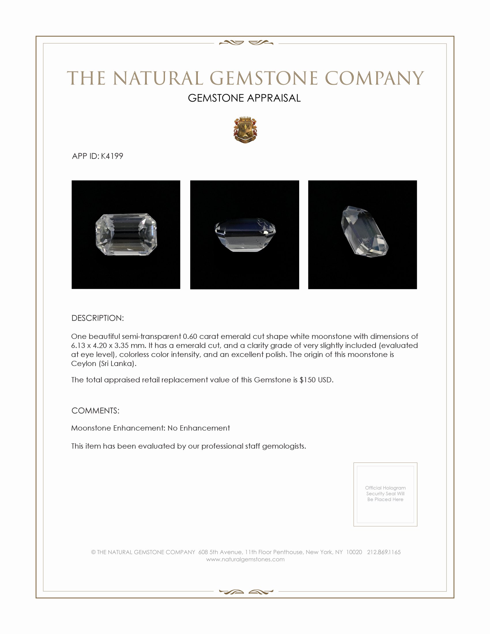 0.60 Ct. White Moonstone from Ceylon (Sri Lanka)