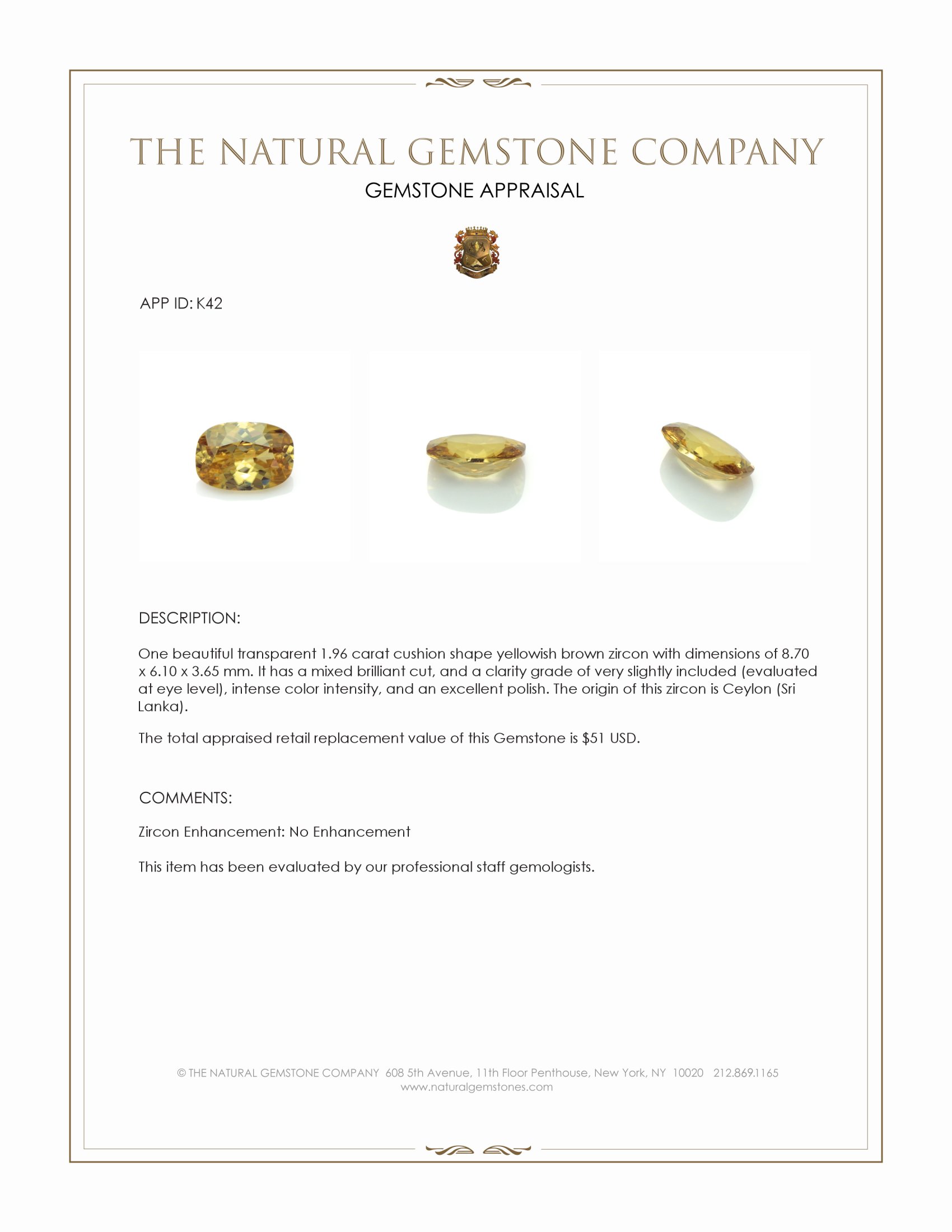 1.96 Ct. Yellowish Brown Zircon from Ceylon (Sri Lanka)