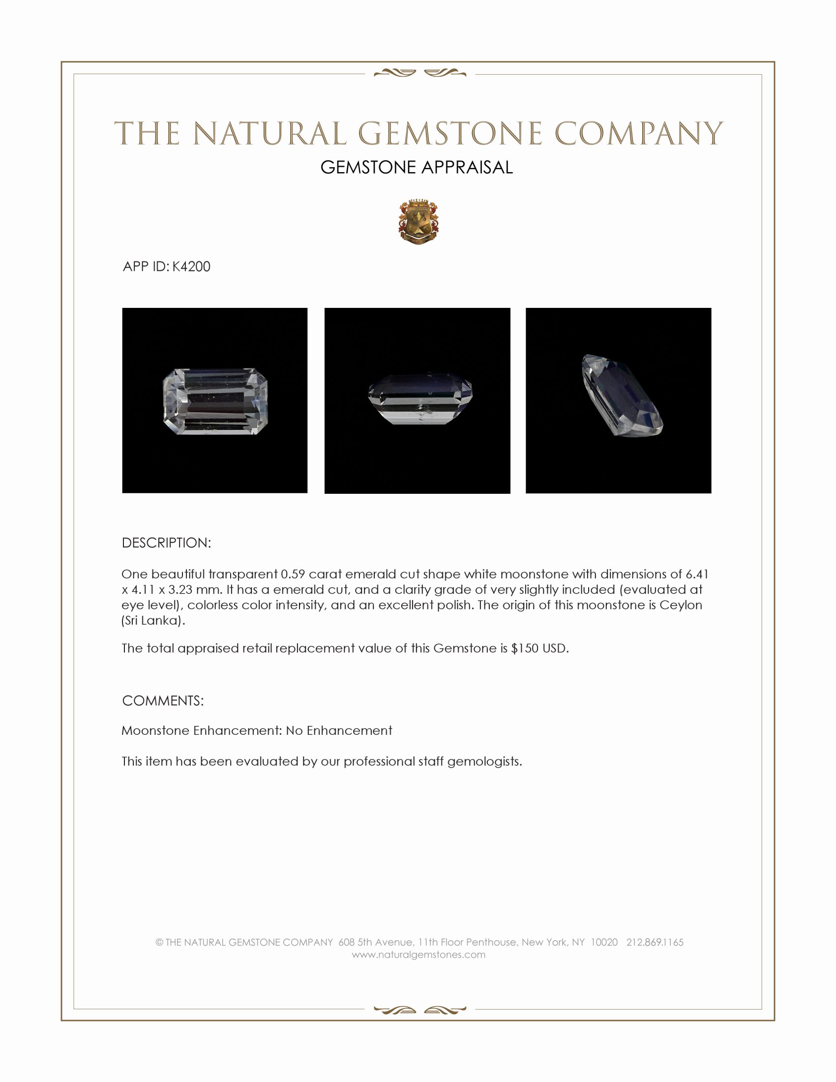 0.59 Ct. White Moonstone from Ceylon (Sri Lanka)