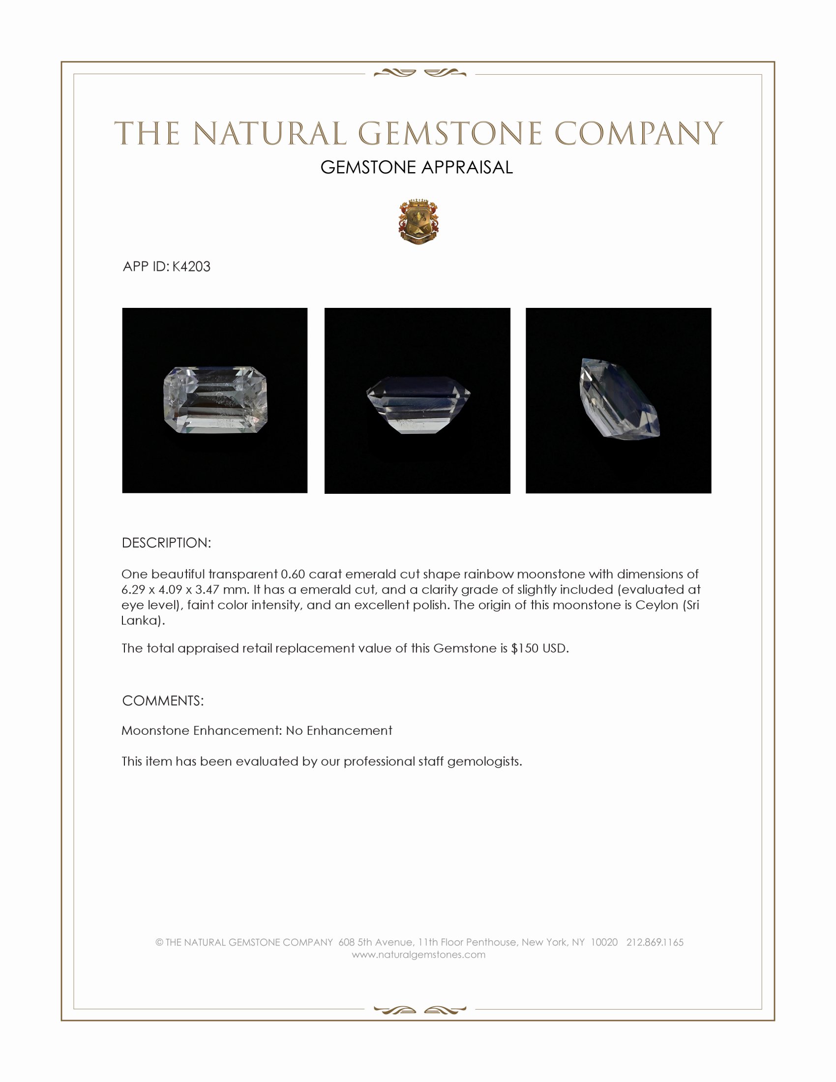 0.60 Ct. Rainbow Moonstone from Ceylon (Sri Lanka)