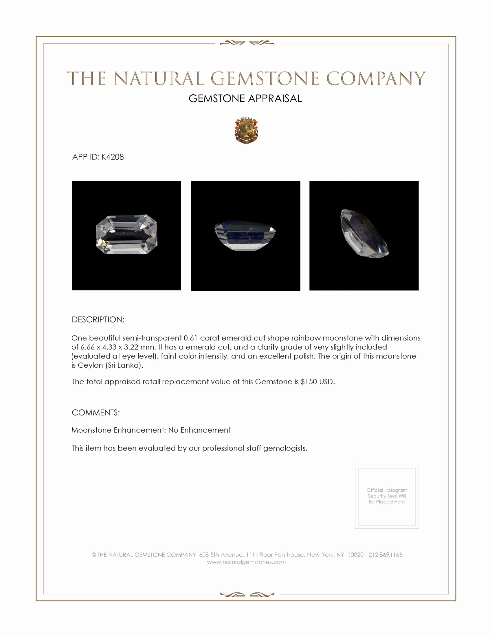 0.61 Ct. Moonstone from Ceylon (Sri Lanka)