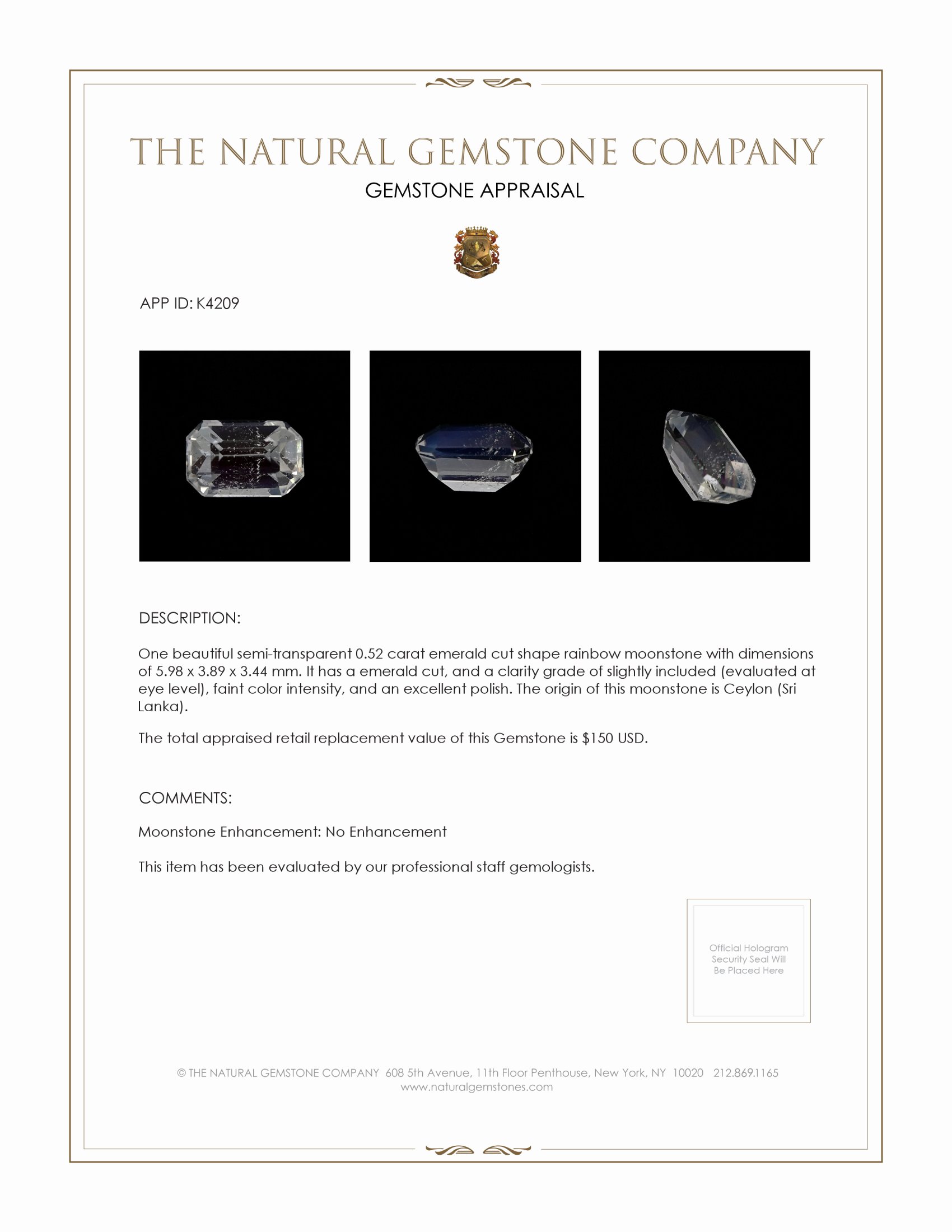 0.52 Ct. Moonstone from Ceylon (Sri Lanka)