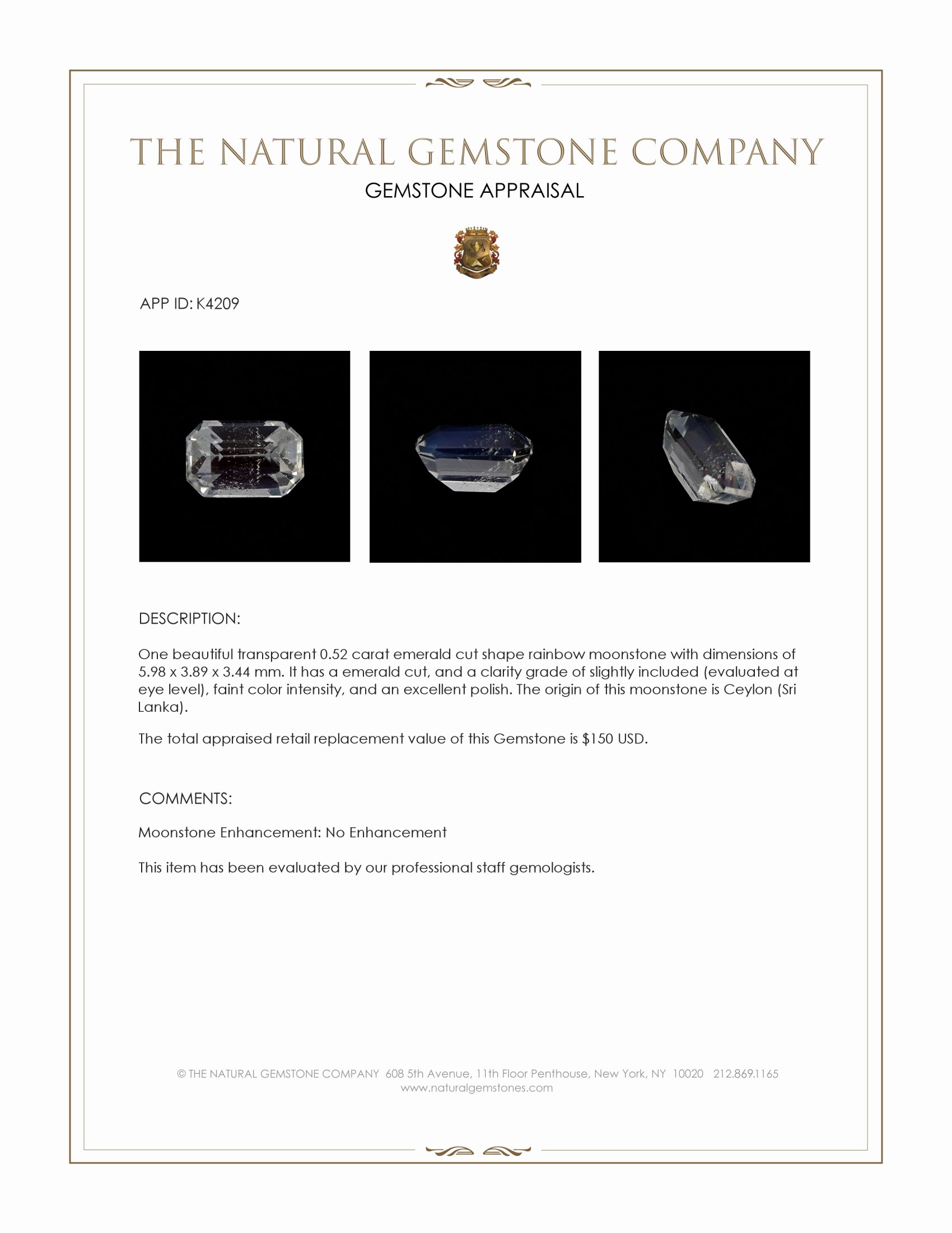 0.52 Ct. Rainbow Moonstone from Ceylon (Sri Lanka)