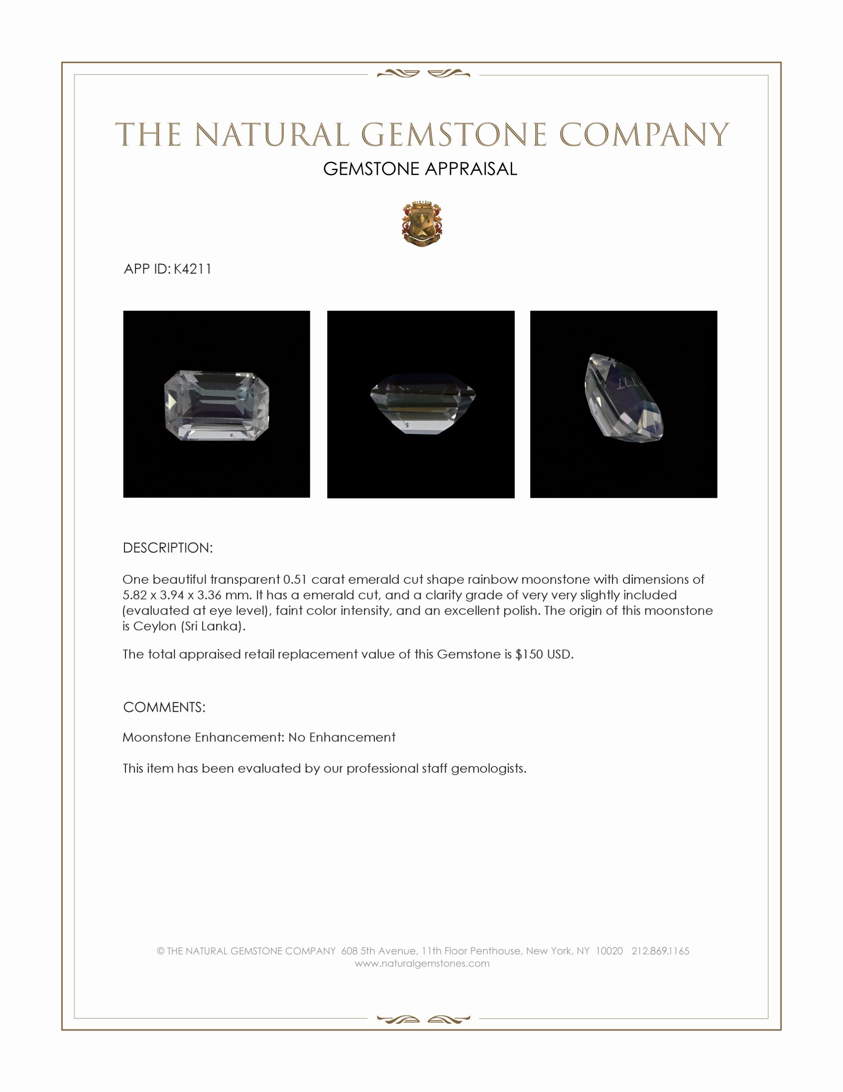 0.51 Ct. Rainbow Moonstone from Ceylon (Sri Lanka)