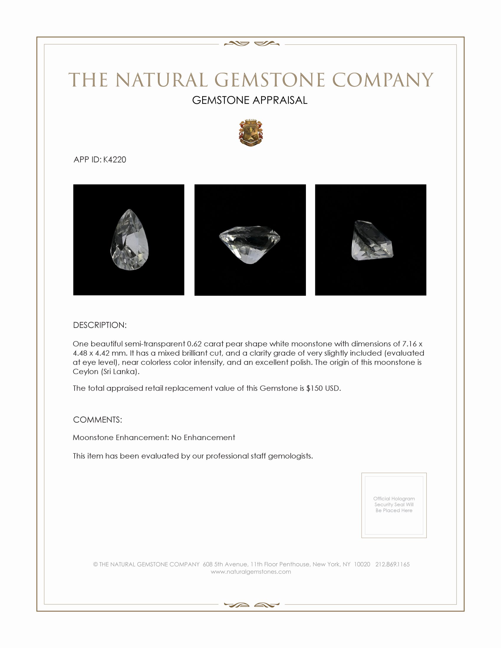 0.62 Ct. Moonstone from Ceylon (Sri Lanka)