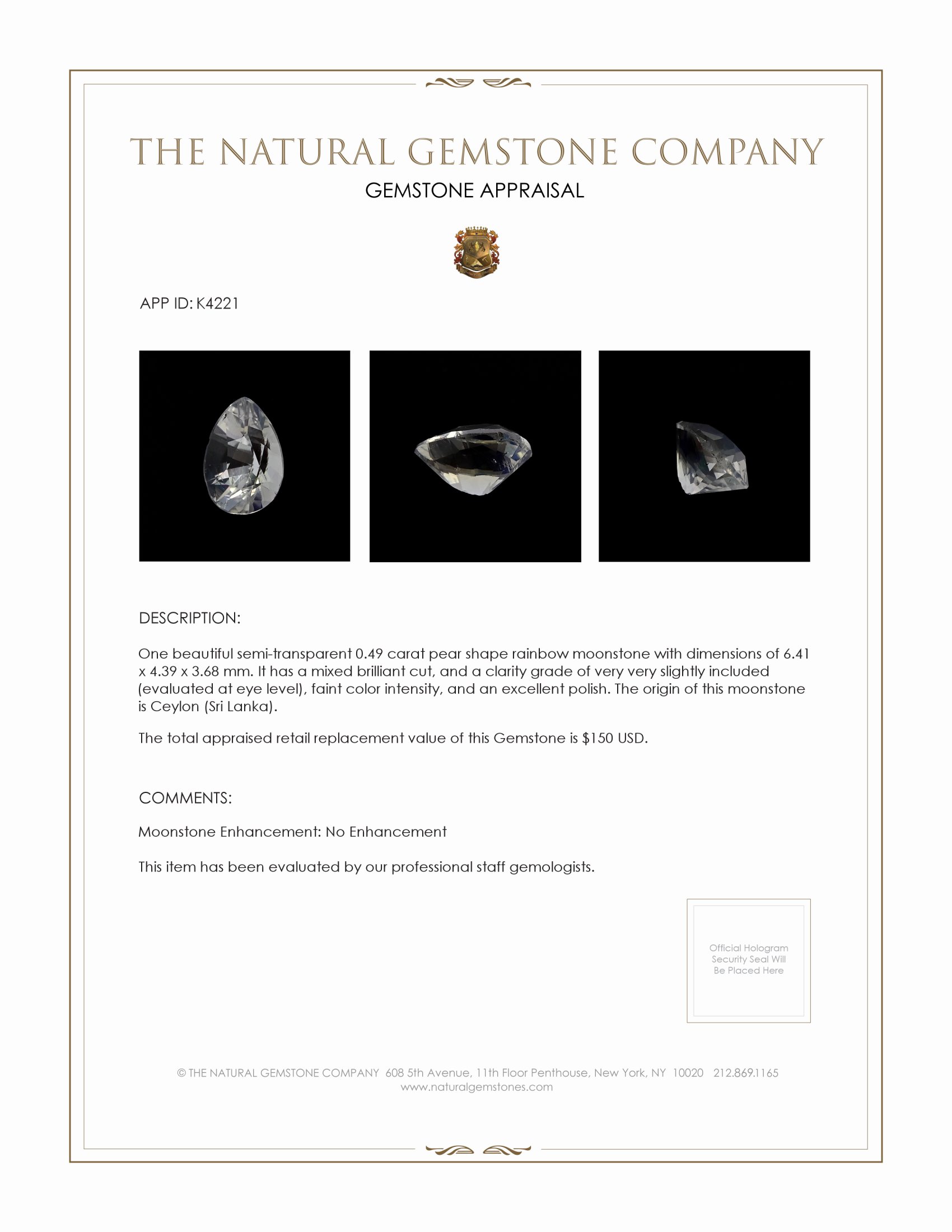 0.49 Ct. Moonstone from Ceylon (Sri Lanka)