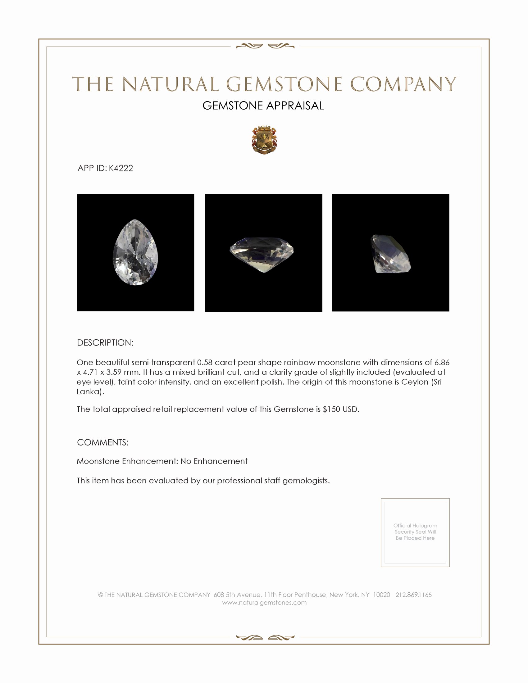 0.58 Ct. Moonstone from Ceylon (Sri Lanka)
