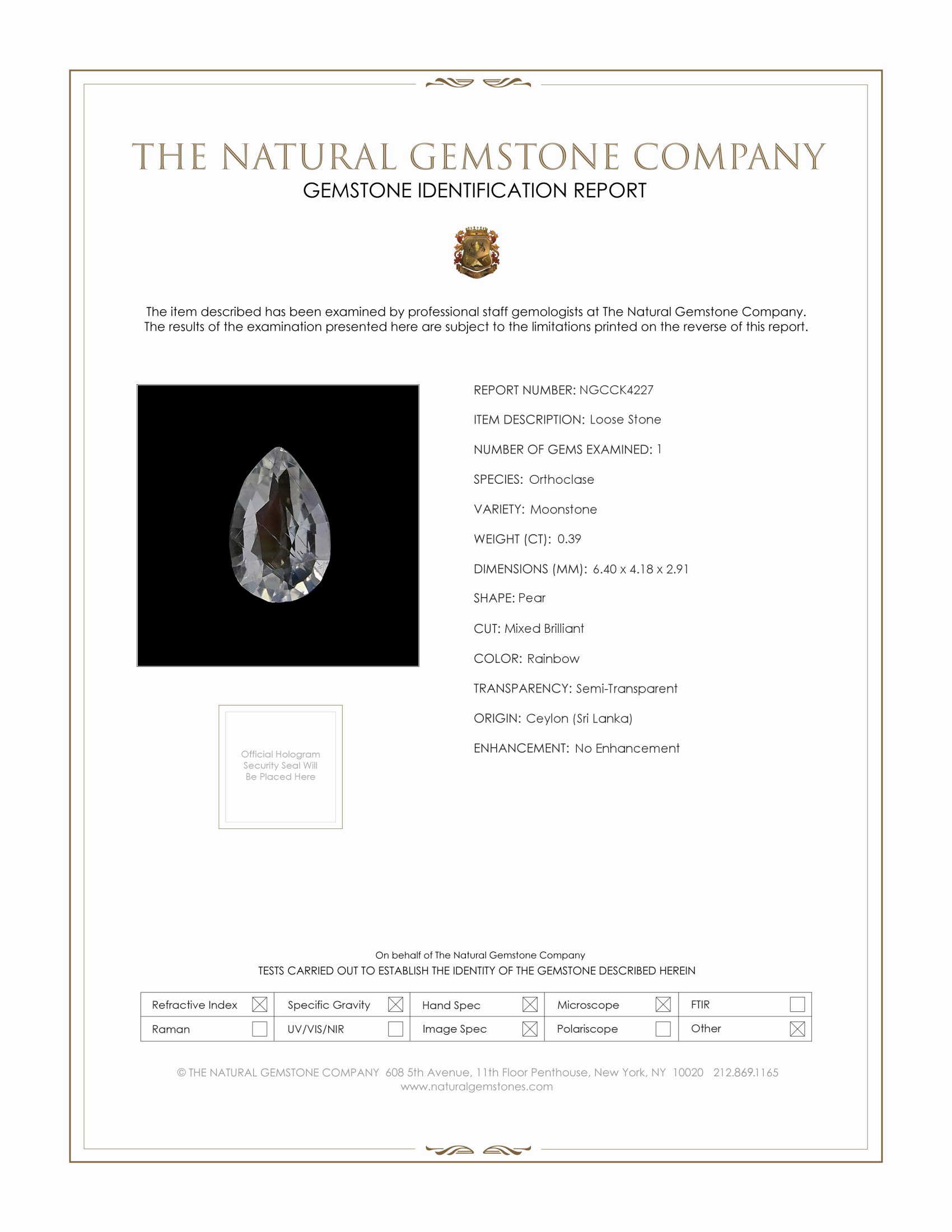 0.39 Ct. Rainbow Moonstone from Ceylon (Sri Lanka)