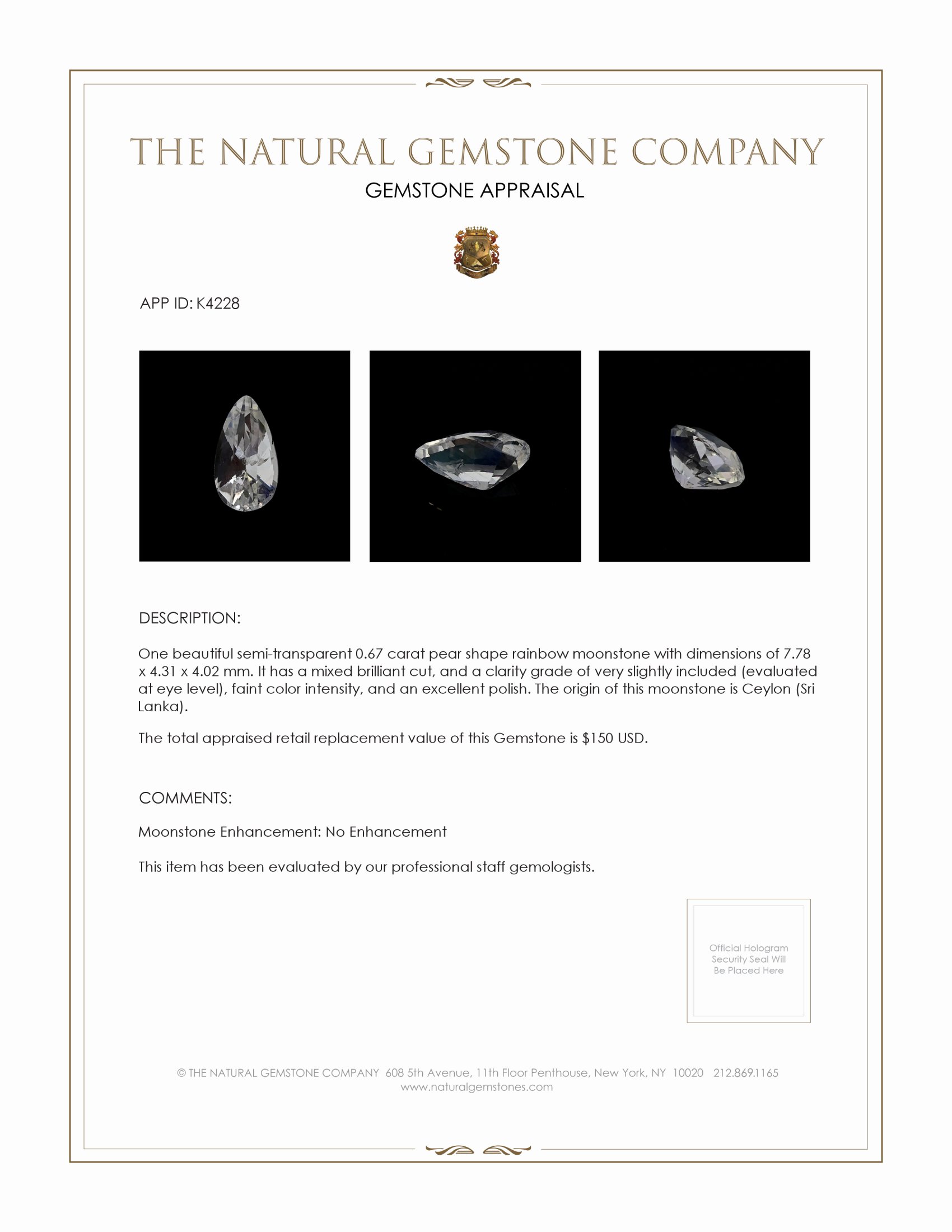 0.67 Ct. Moonstone from Ceylon (Sri Lanka)
