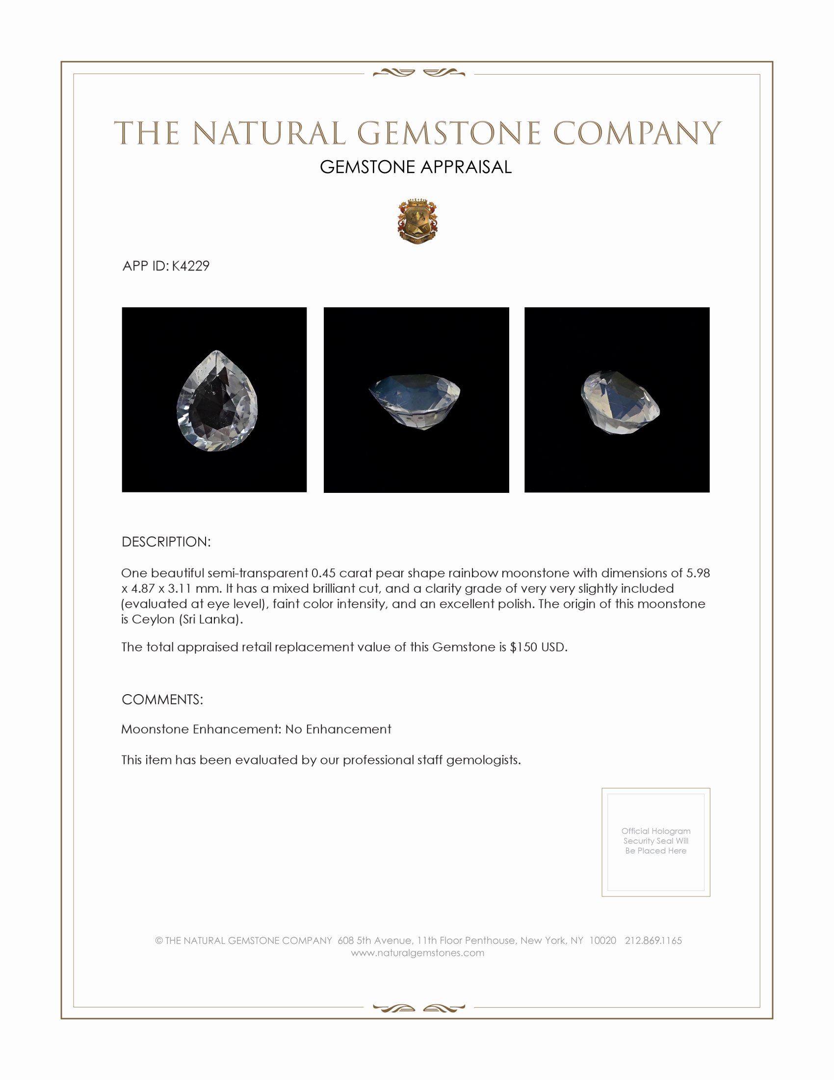 0.45 Ct. Rainbow Moonstone from Ceylon (Sri Lanka)