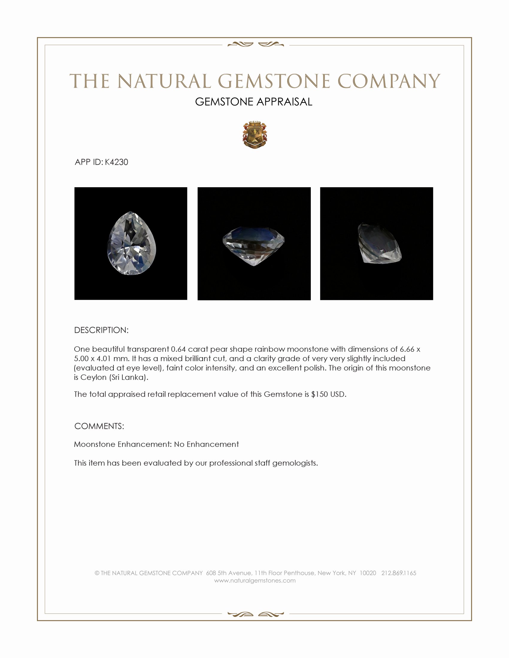 0.64 Ct. Rainbow Moonstone from Ceylon (Sri Lanka)