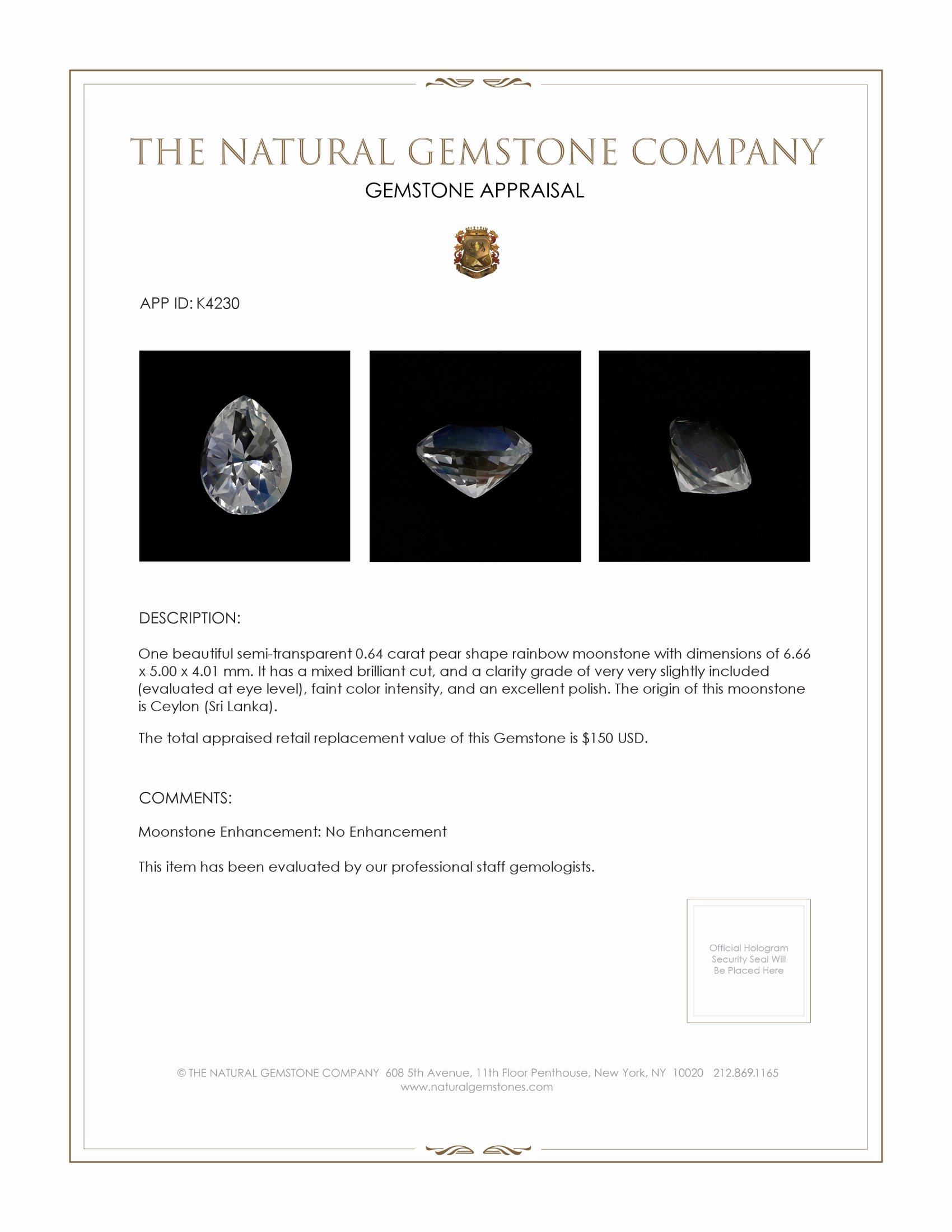 0.64 Ct. Moonstone from Ceylon (Sri Lanka)