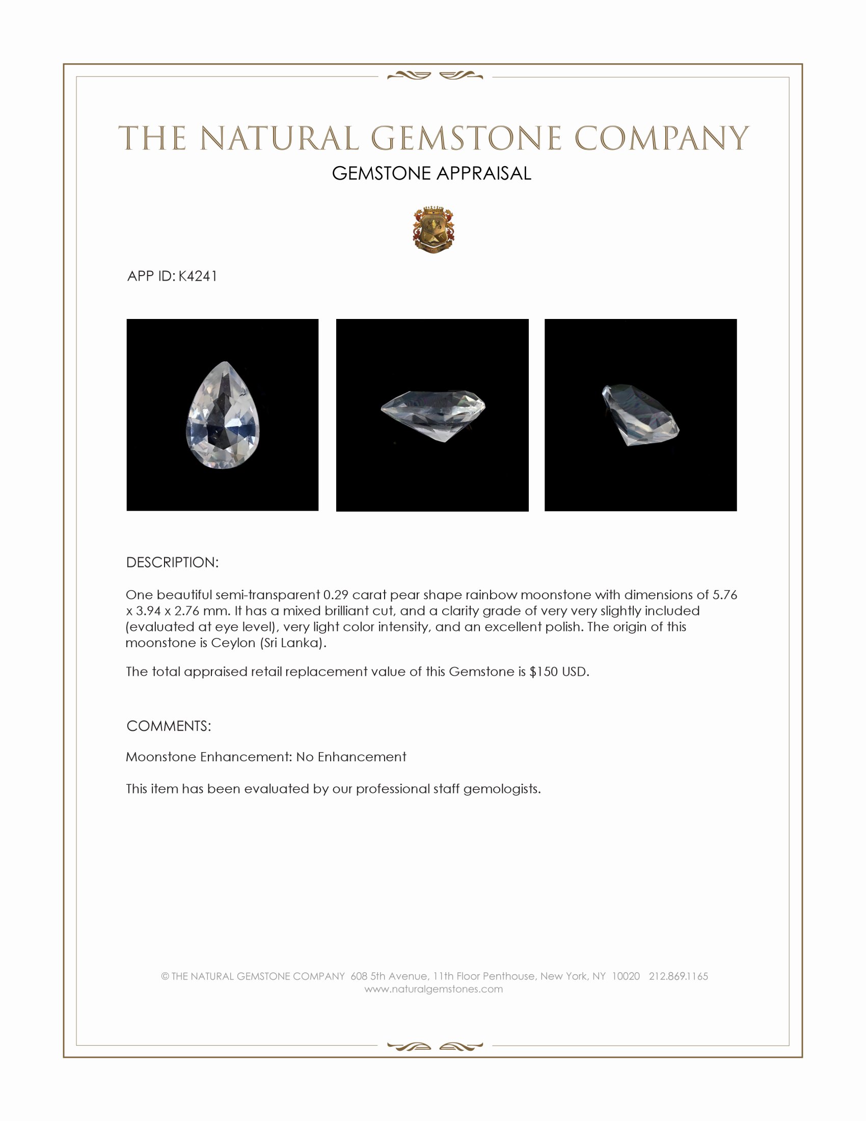 0.29 Ct. Moonstone from Ceylon (Sri Lanka)