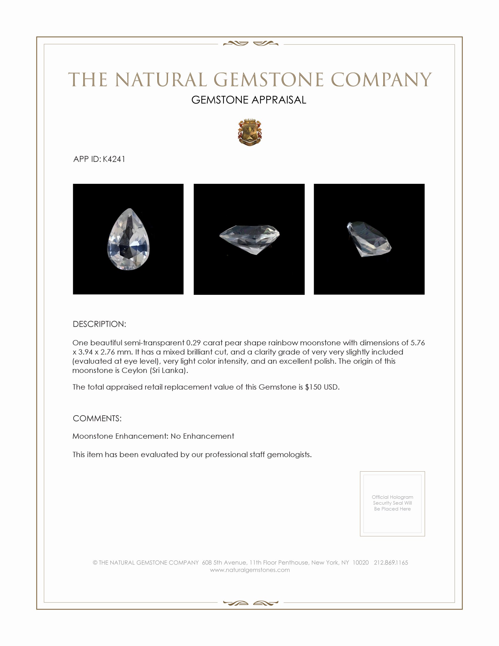 0.29 Ct. Moonstone from Ceylon (Sri Lanka)