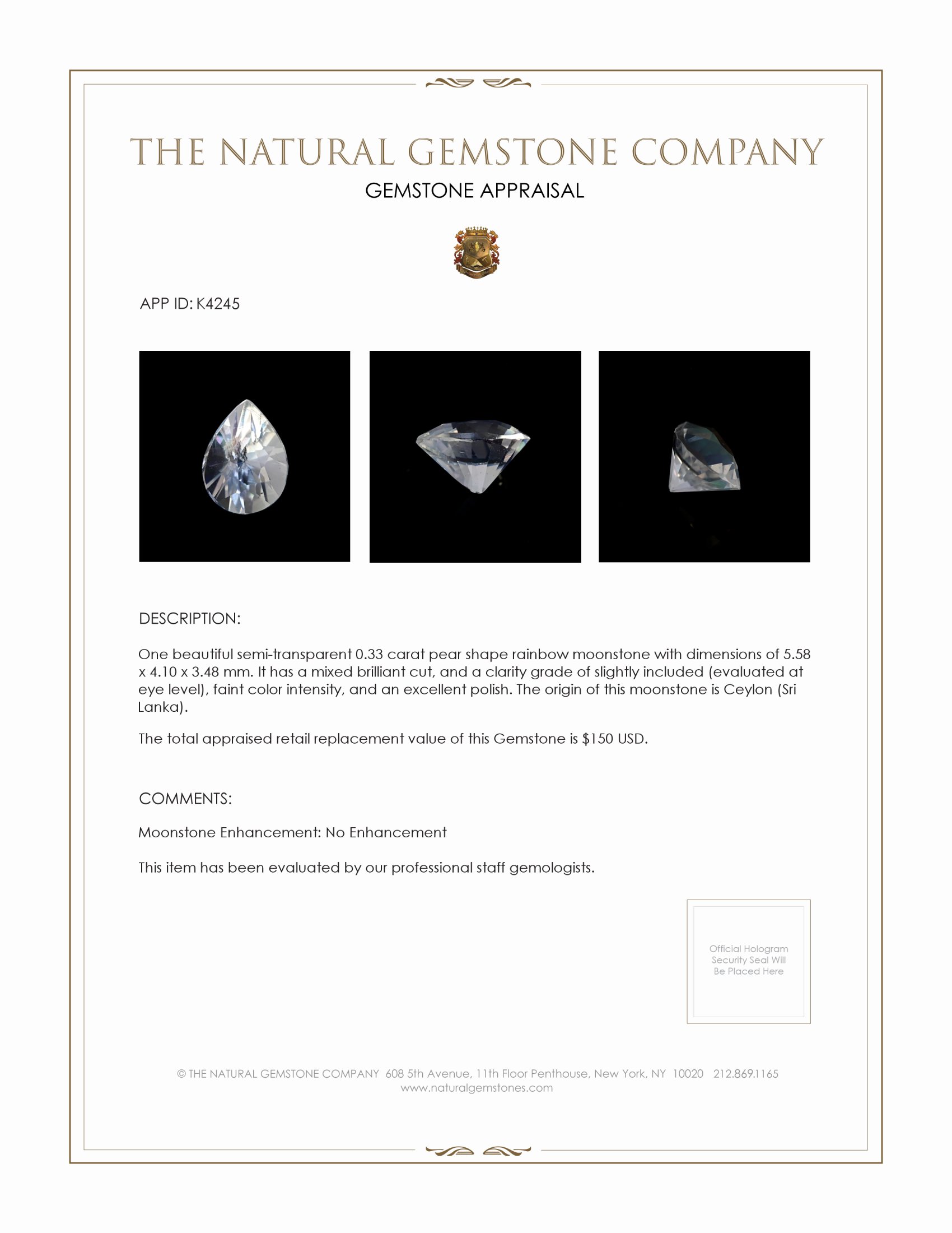 0.33 Ct. Moonstone from Ceylon (Sri Lanka)