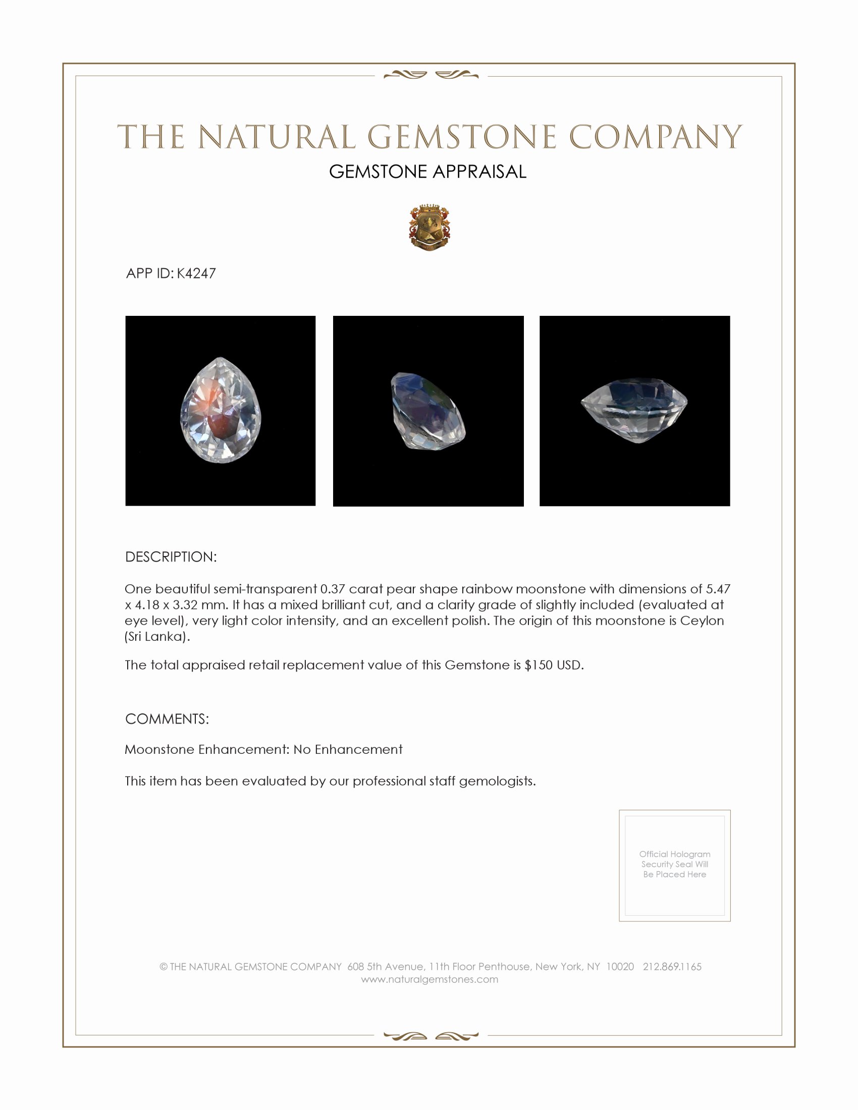 0.37 Ct. Moonstone from Ceylon (Sri Lanka)