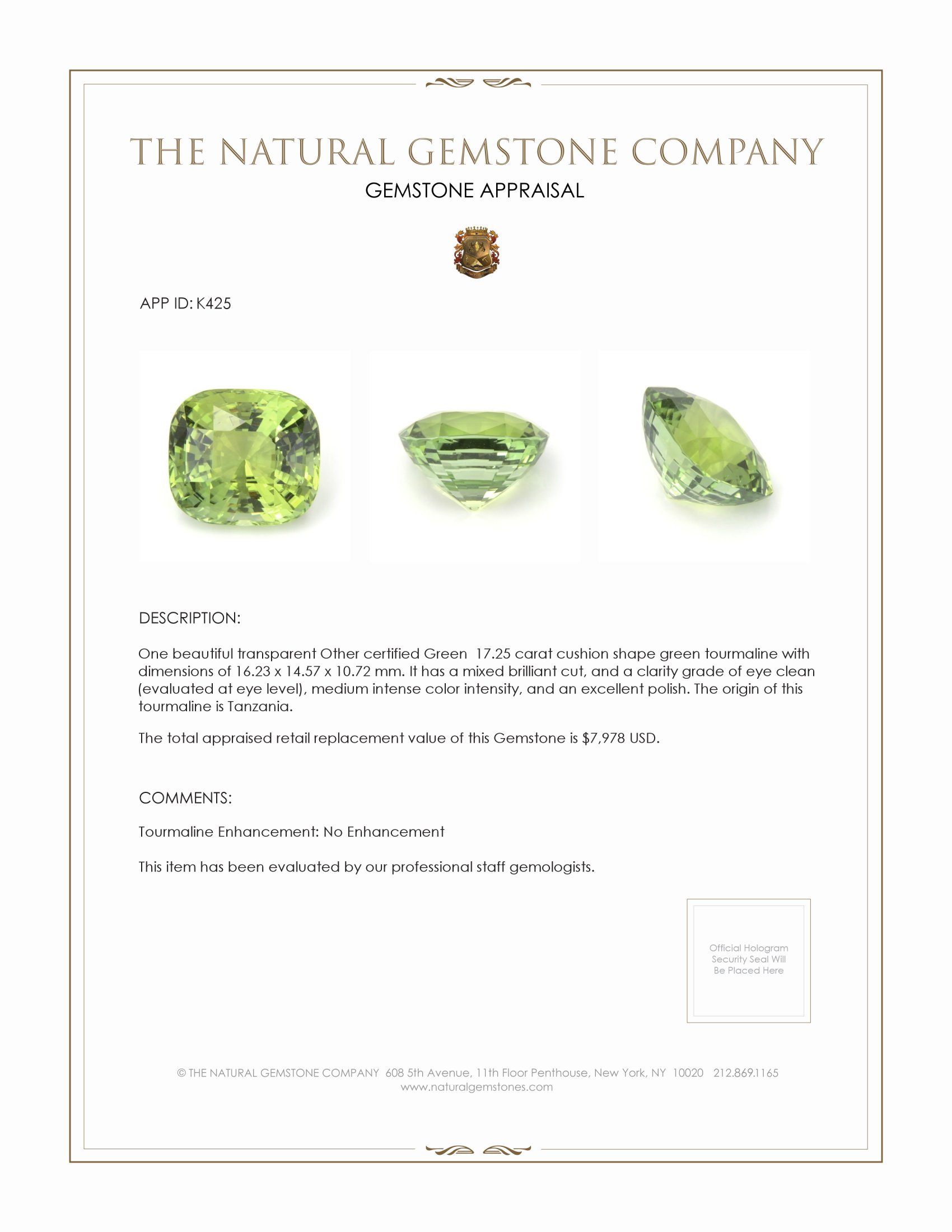 17.25 Ct. Green Tourmaline from Tanzania