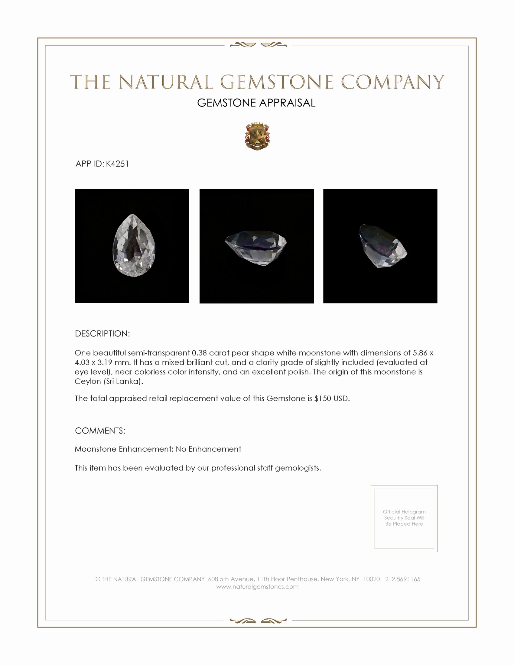 0.38 Ct. Moonstone from Ceylon (Sri Lanka)