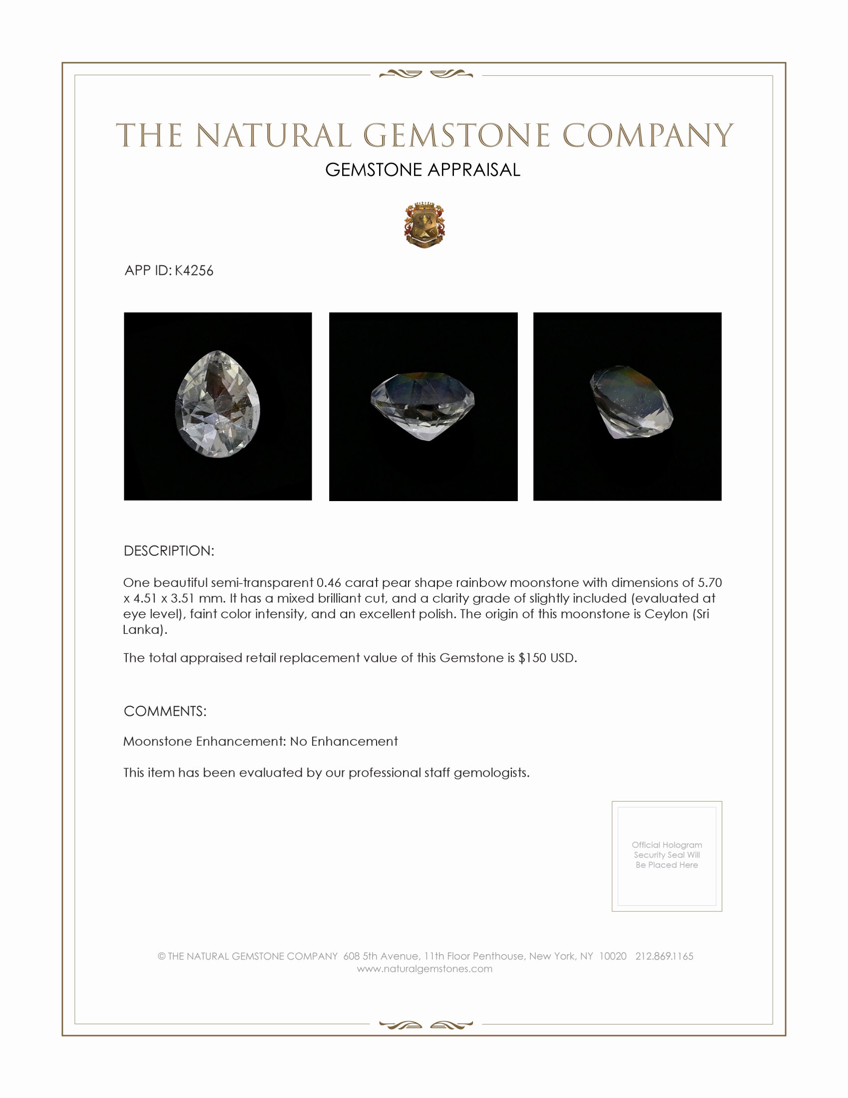 0.46 Ct. Moonstone from Ceylon (Sri Lanka)