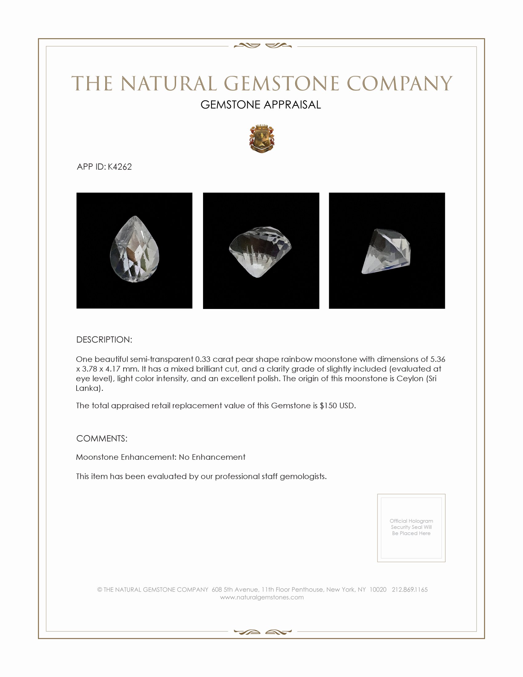 0.33 Ct. Moonstone from Ceylon (Sri Lanka)