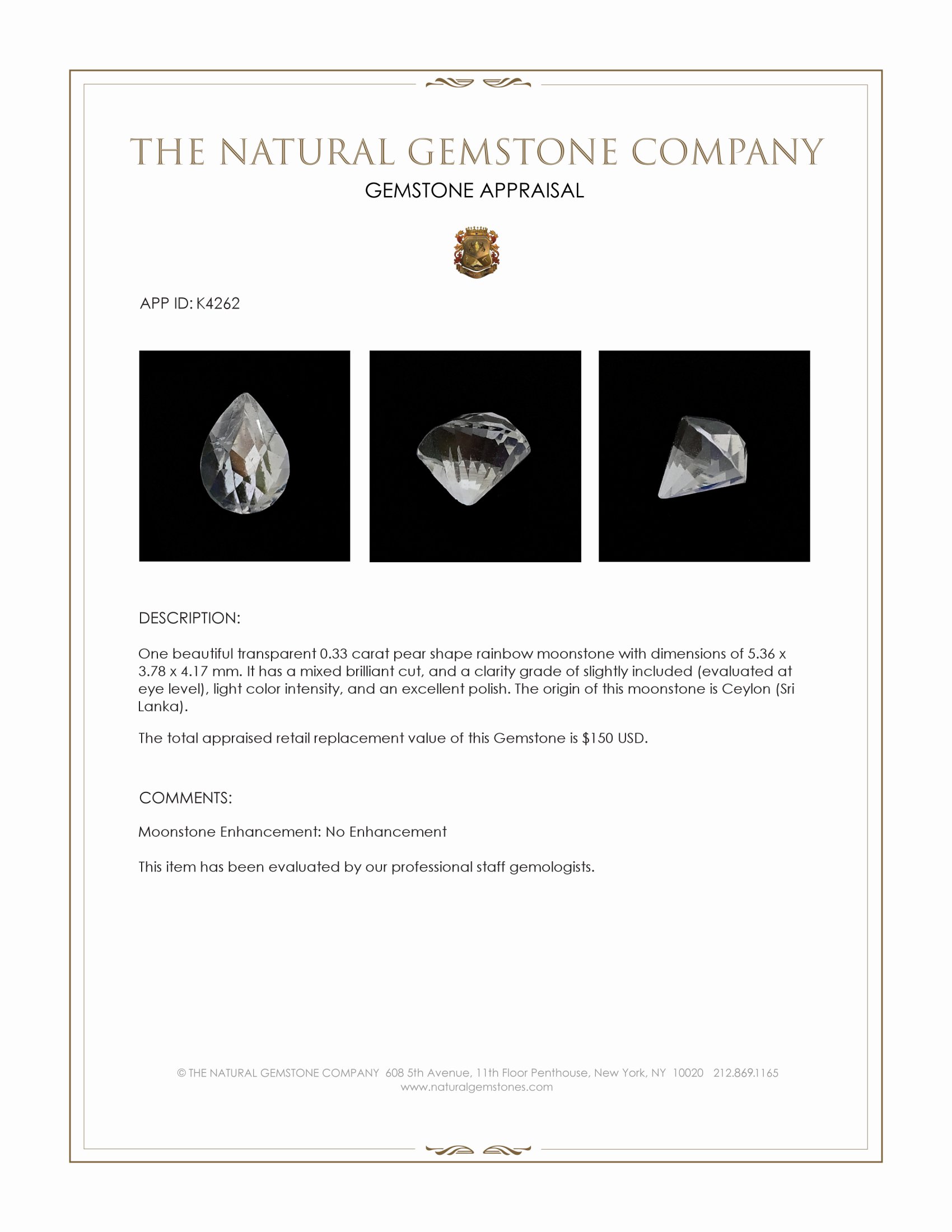 0.33 Ct. Rainbow Moonstone from Ceylon (Sri Lanka)