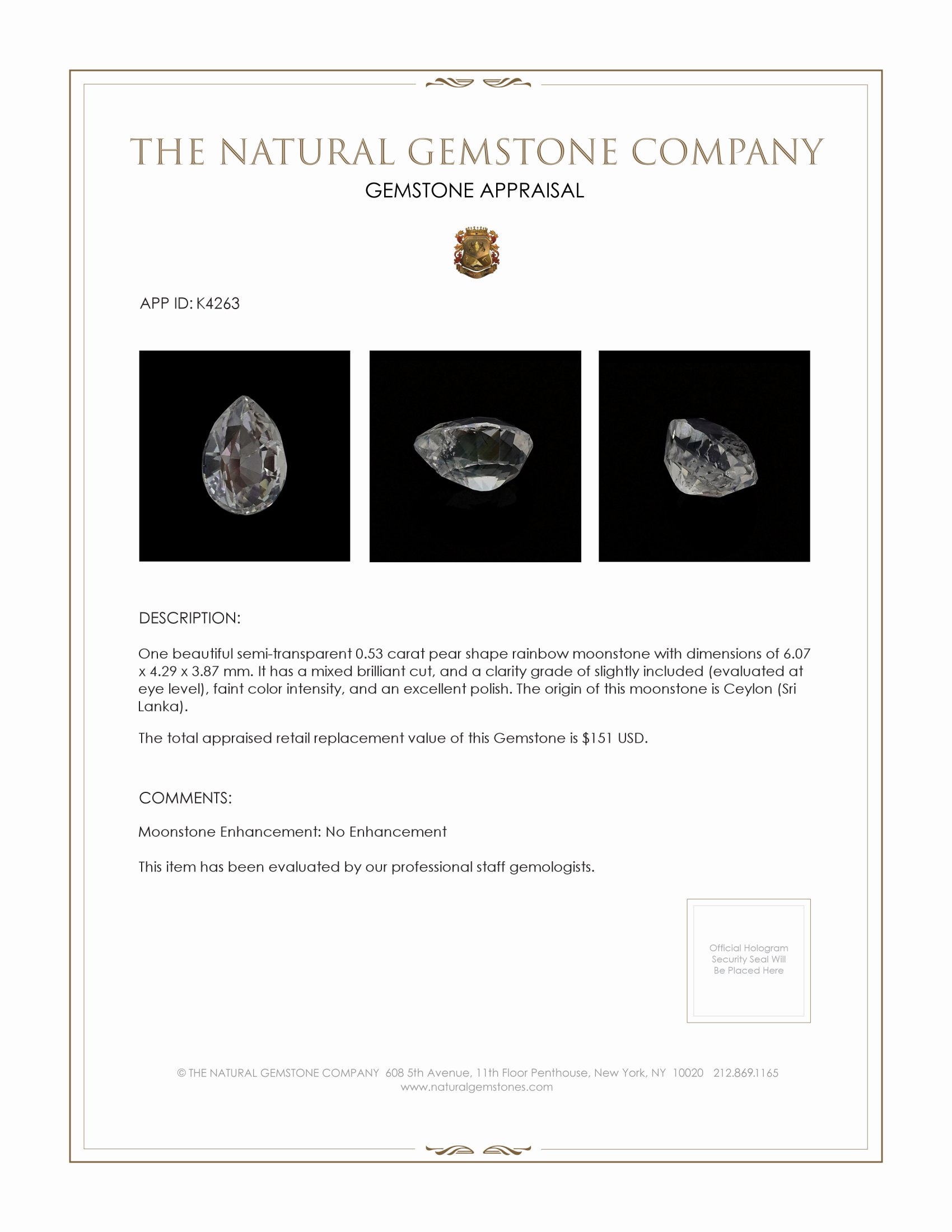0.53 Ct. Moonstone from Ceylon (Sri Lanka)