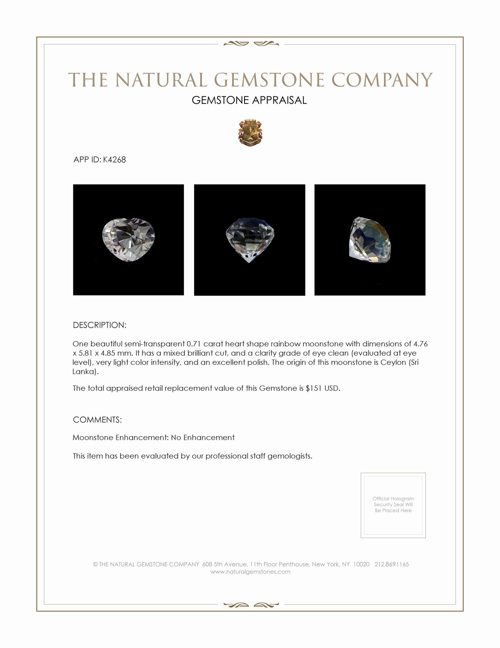 0.71 Ct. Moonstone from Ceylon (Sri Lanka)