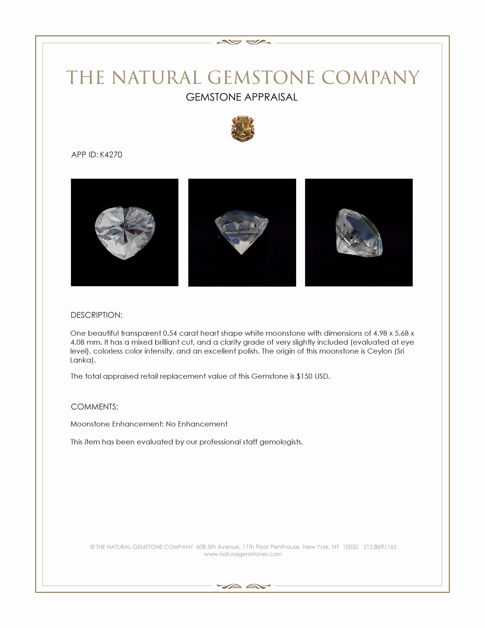 0.54 Ct. White Moonstone from Ceylon (Sri Lanka)