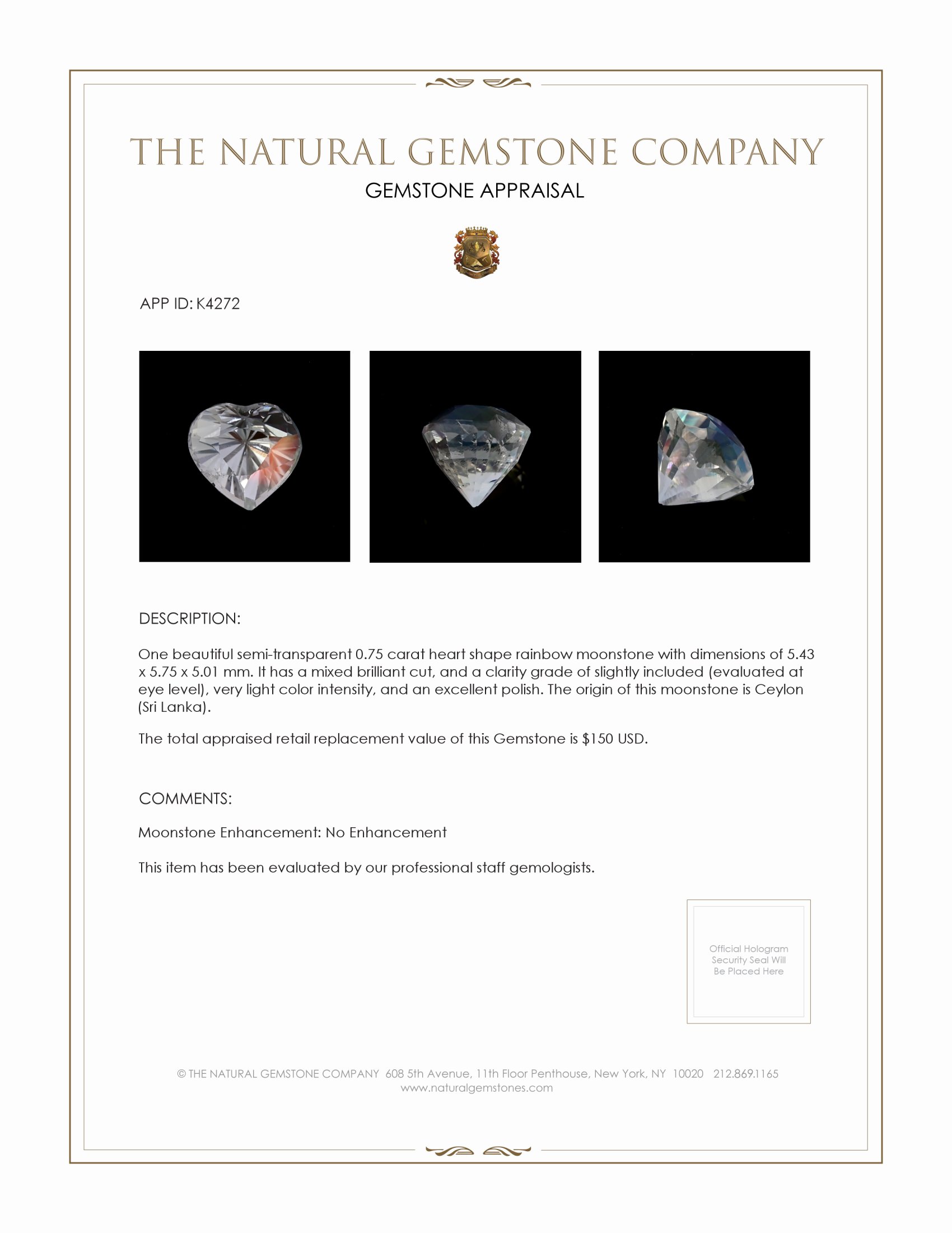 0.75 Ct. Rainbow Moonstone from Ceylon (Sri Lanka)