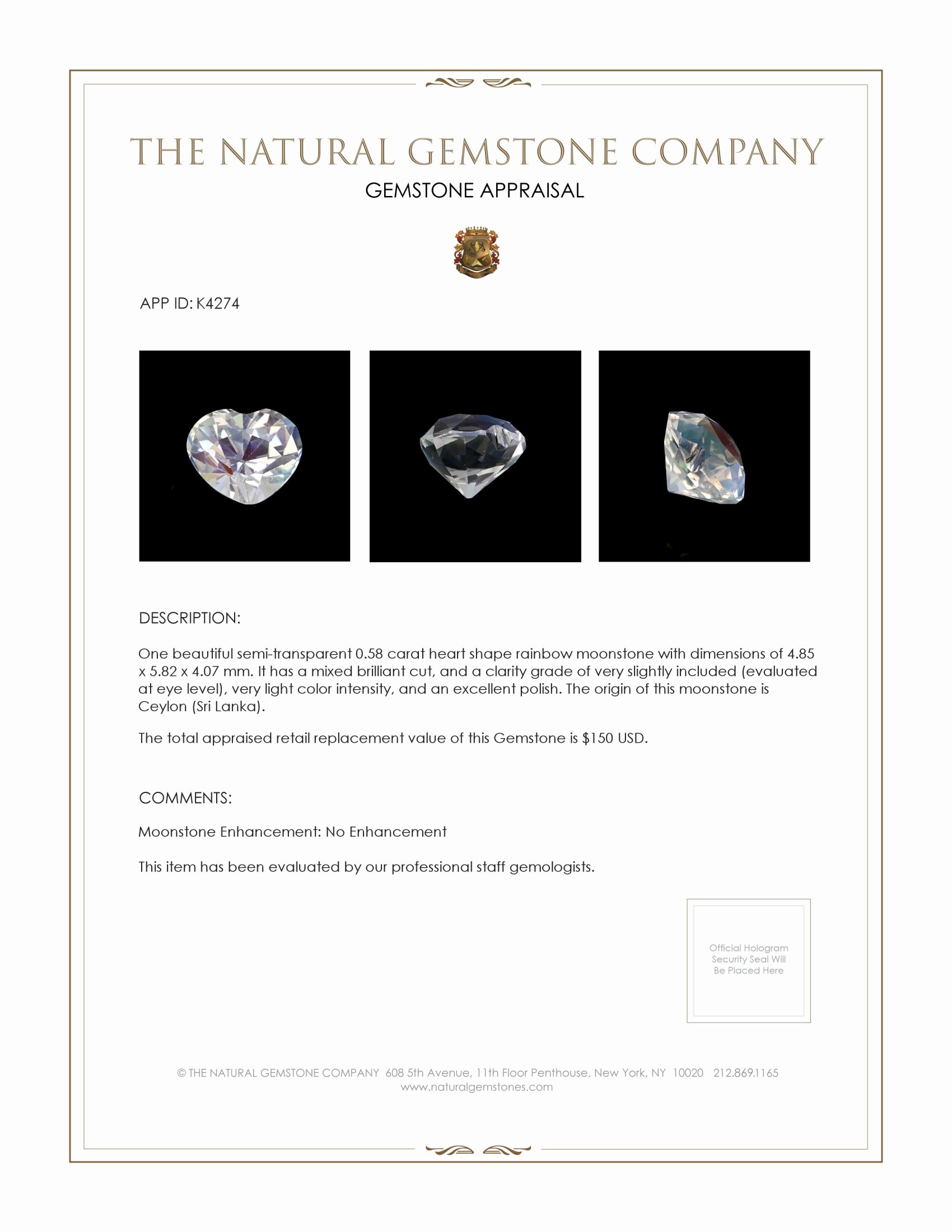 0.58 Ct. Moonstone from Ceylon (Sri Lanka)