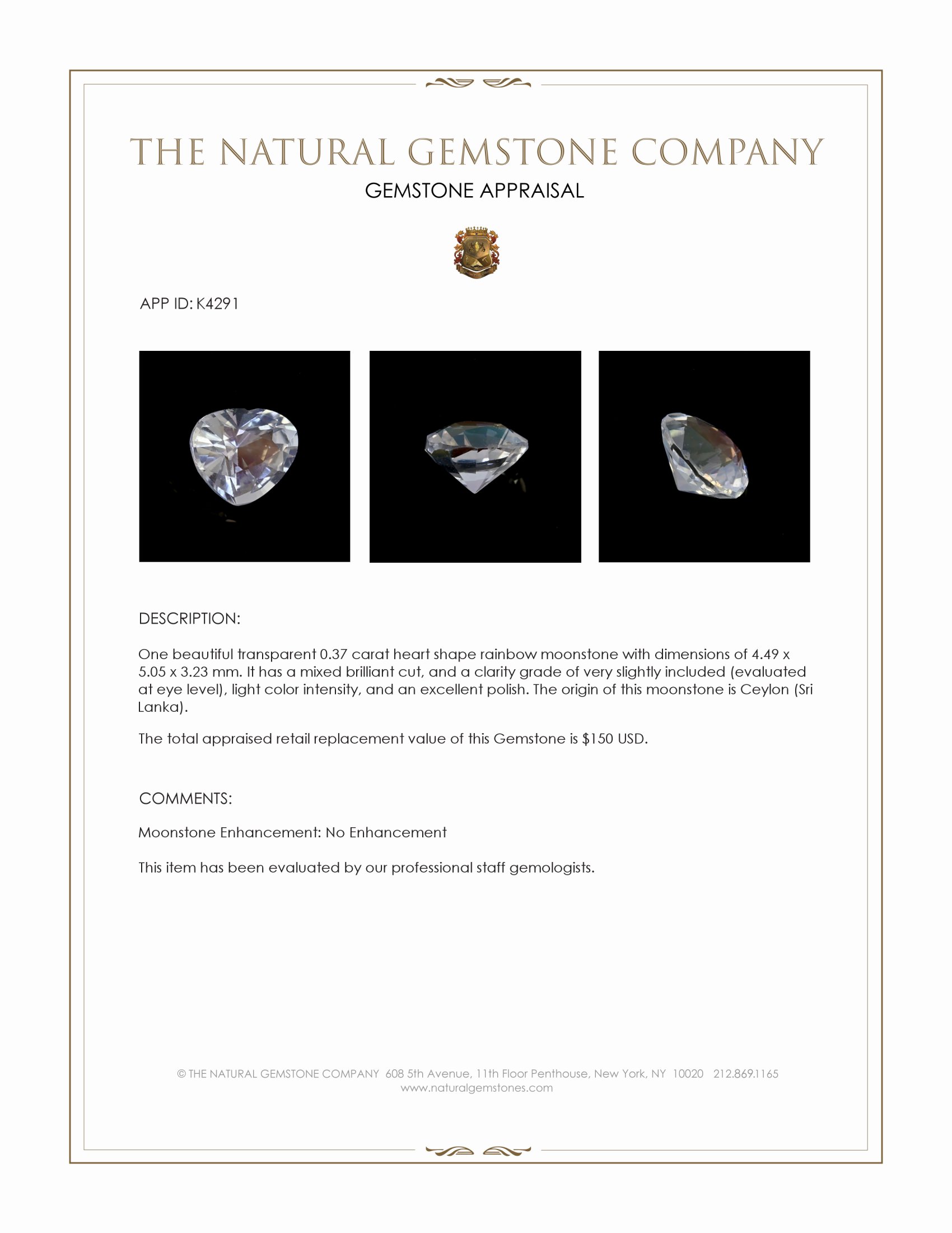 0.37 Ct. Rainbow Moonstone from Ceylon (Sri Lanka)