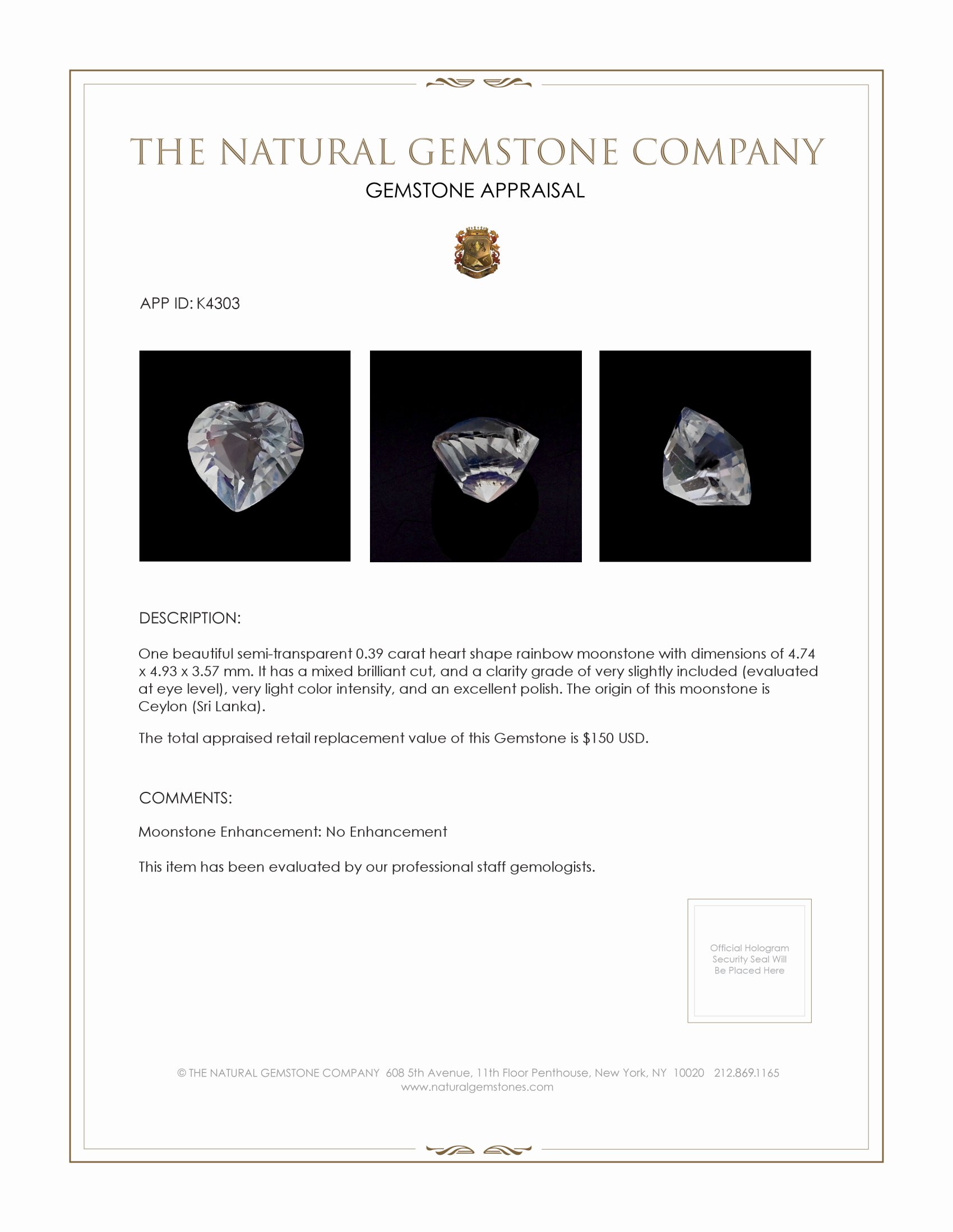 0.39 Ct. Rainbow Moonstone from Ceylon (Sri Lanka)