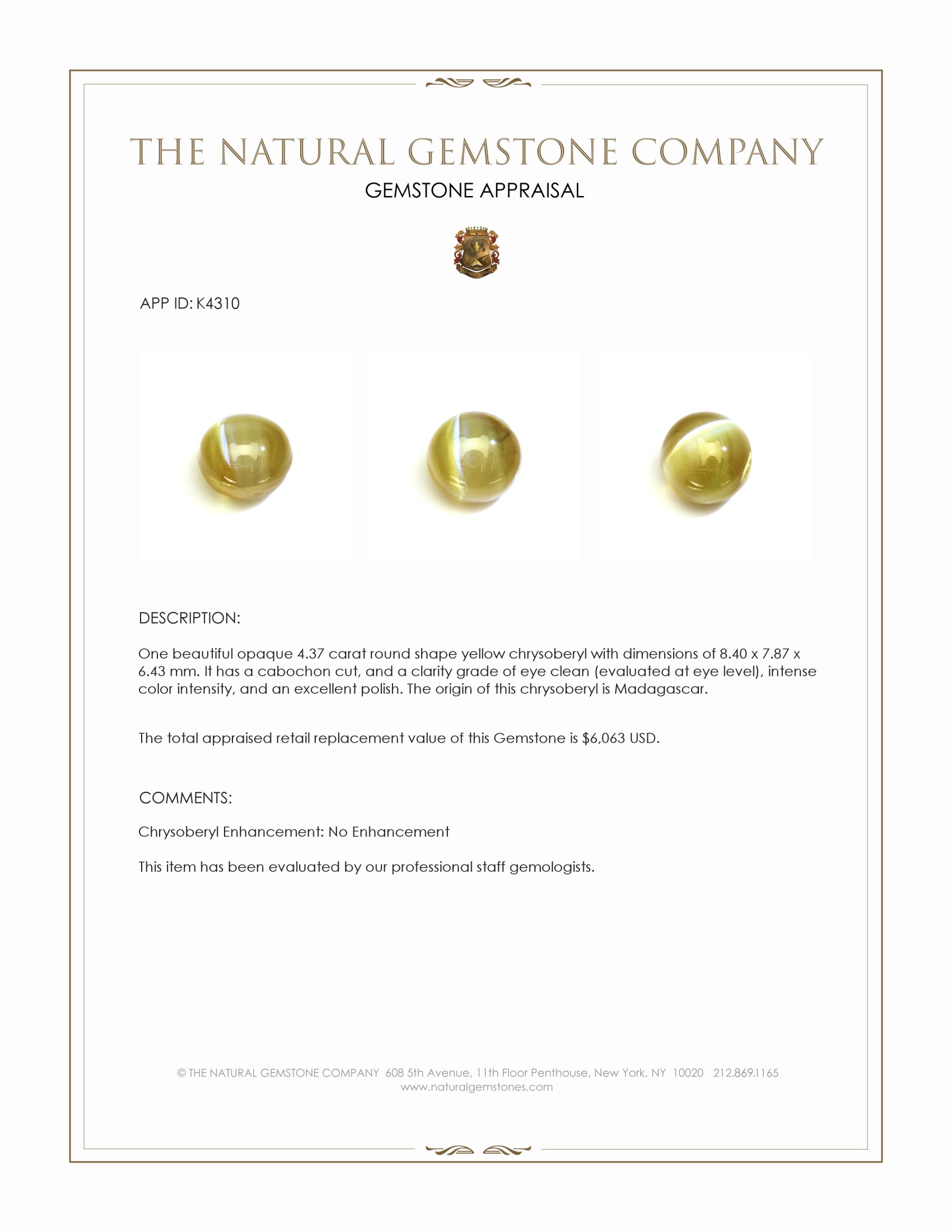 4.37 Ct. Yellow Cabochon Chrysoberyl from Madagascar